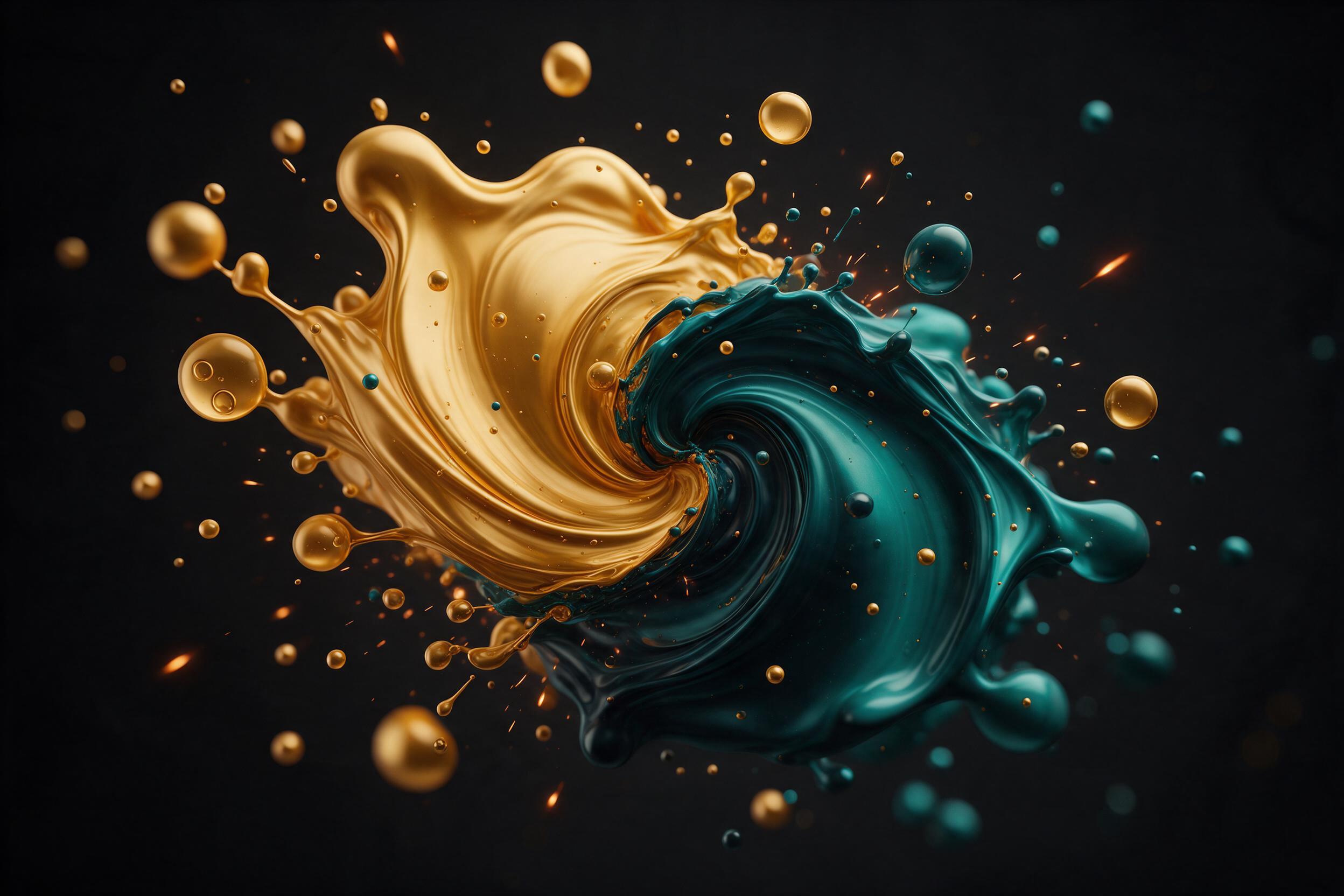 A swirl of molten gold and deep teal, fluid shapes colliding in mid-air, with subtle orange sparks, on a matte black background. Soft studio lighting from left, gentle reflections, sharp focus in center, soft bokeh edges, abstract art style.
