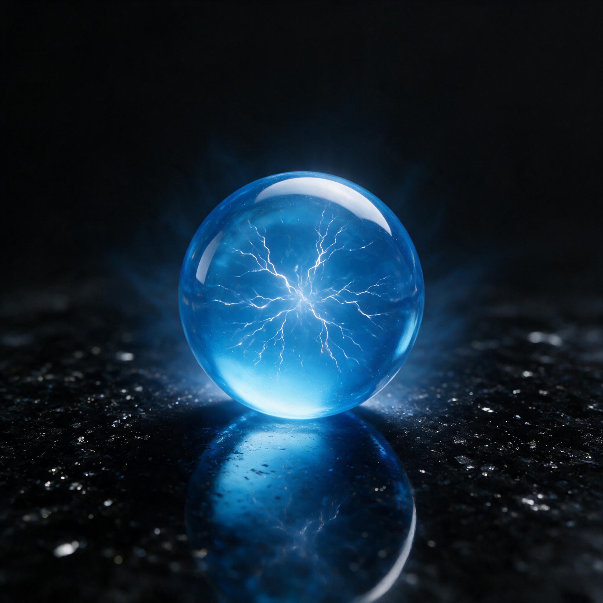 A single, luminous, translucent blue glass sphere rests on a dark, reflective obsidian surface. Thin, branching white lines of light pulse slowly from the sphere's core, like lightning frozen in time. The background is a vast, matte black void. Soft, diffused studio lighting from above creates a sha