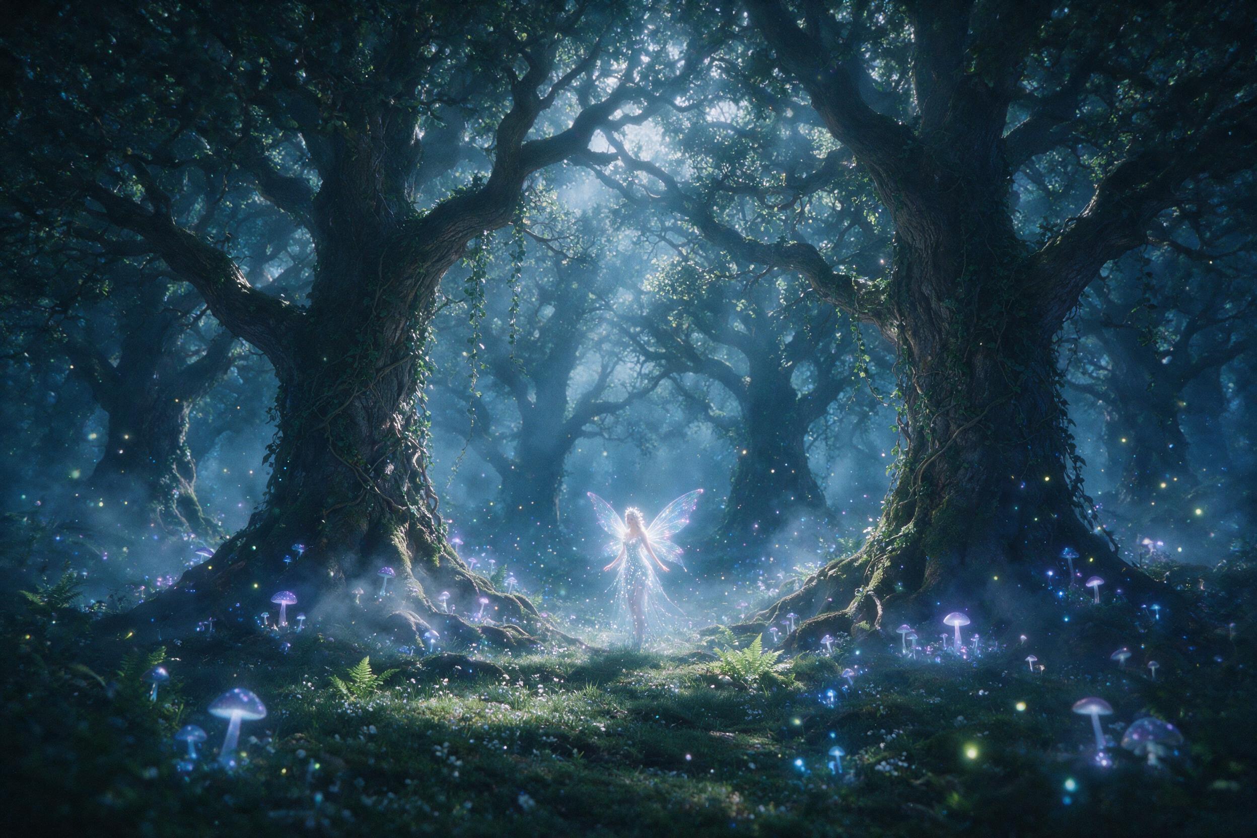 A luminous fairy queen with iridescent wings stands in a moonlit enchanted forest, her gown woven from dewdrops and spider silk, glowing mushrooms and floating fireflies cast soft blue and purple light, mist swirls around ancient oak roots, film grain, dreamy atmosphere