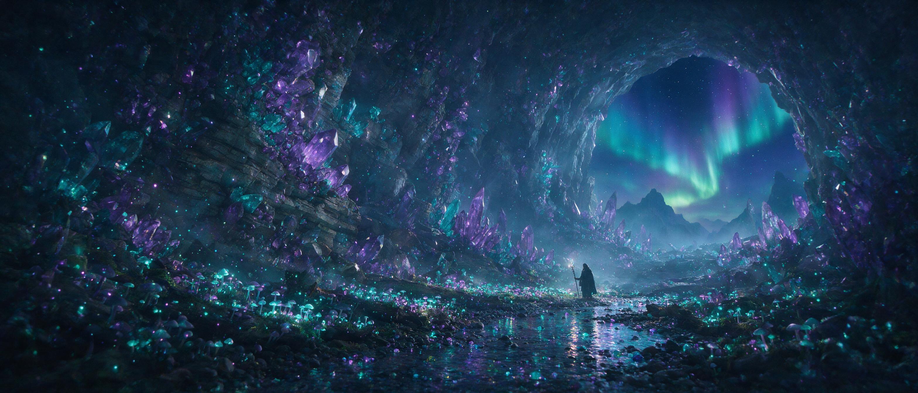 A glowing crystal cave beneath an aurora-lit sky, bioluminescent mushrooms and floating spores, a lone cloaked figure with a staff, soft volumetric light, misty air, deep purples and teals, cinematic composition, subtle film grain.