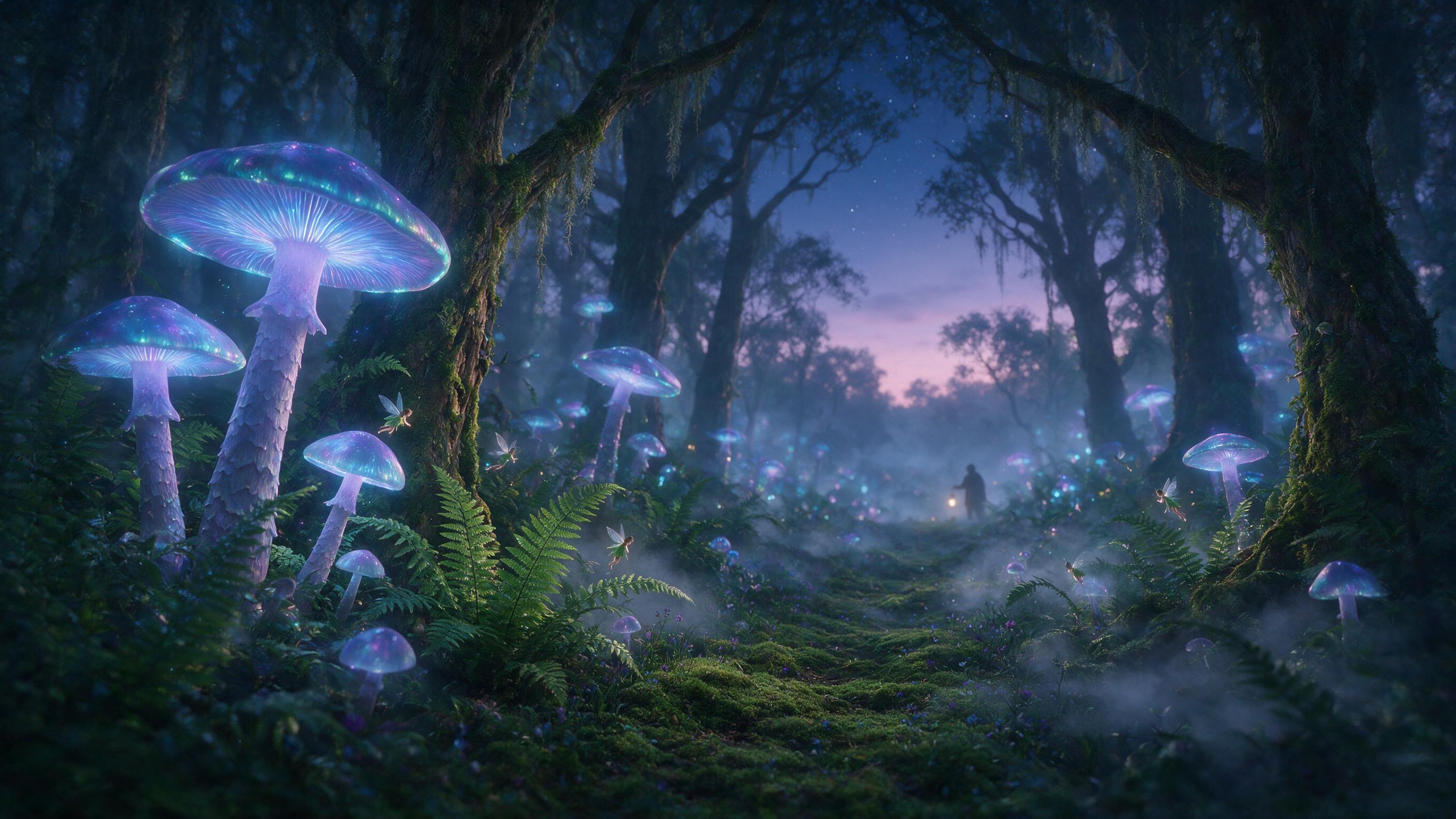 A bioluminescent forest at twilight, giant glowing mushrooms casting soft blue and violet light, tiny winged sprites flitting between ferns, mist curling along a mossy path, a silhouetted figure with a lantern in the distance, shallow depth of field, ethereal atmosphere