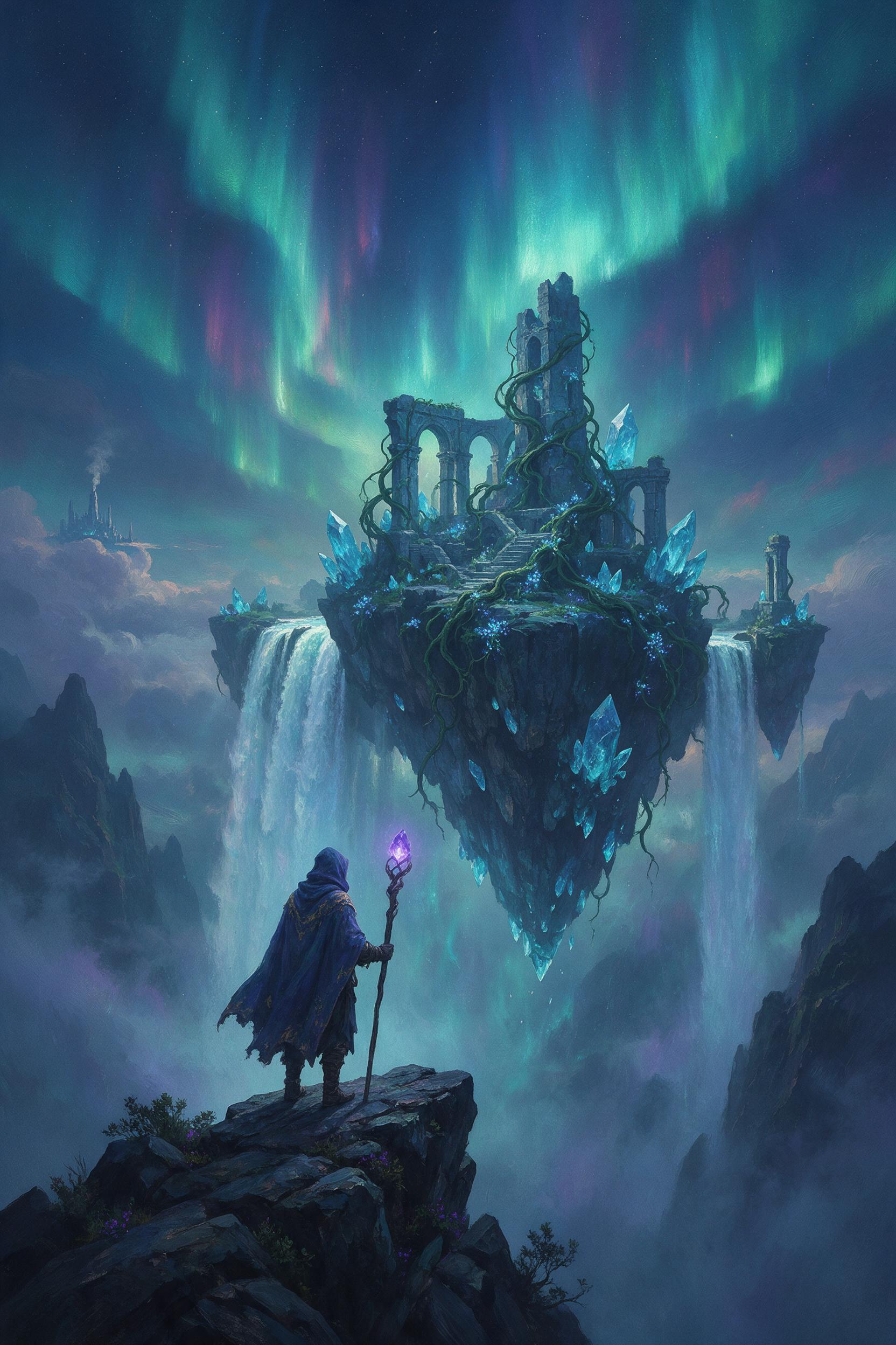 A floating crystal island under a teal aurora sky, waterfalls pouring into an abyss of mist. Luminescent vines wrap around ancient stone ruins. Foreground shows a lone cloaked figure on a precipice, staff glowing. Soft volumetric light, deep shadows, painterly brushstrokes.