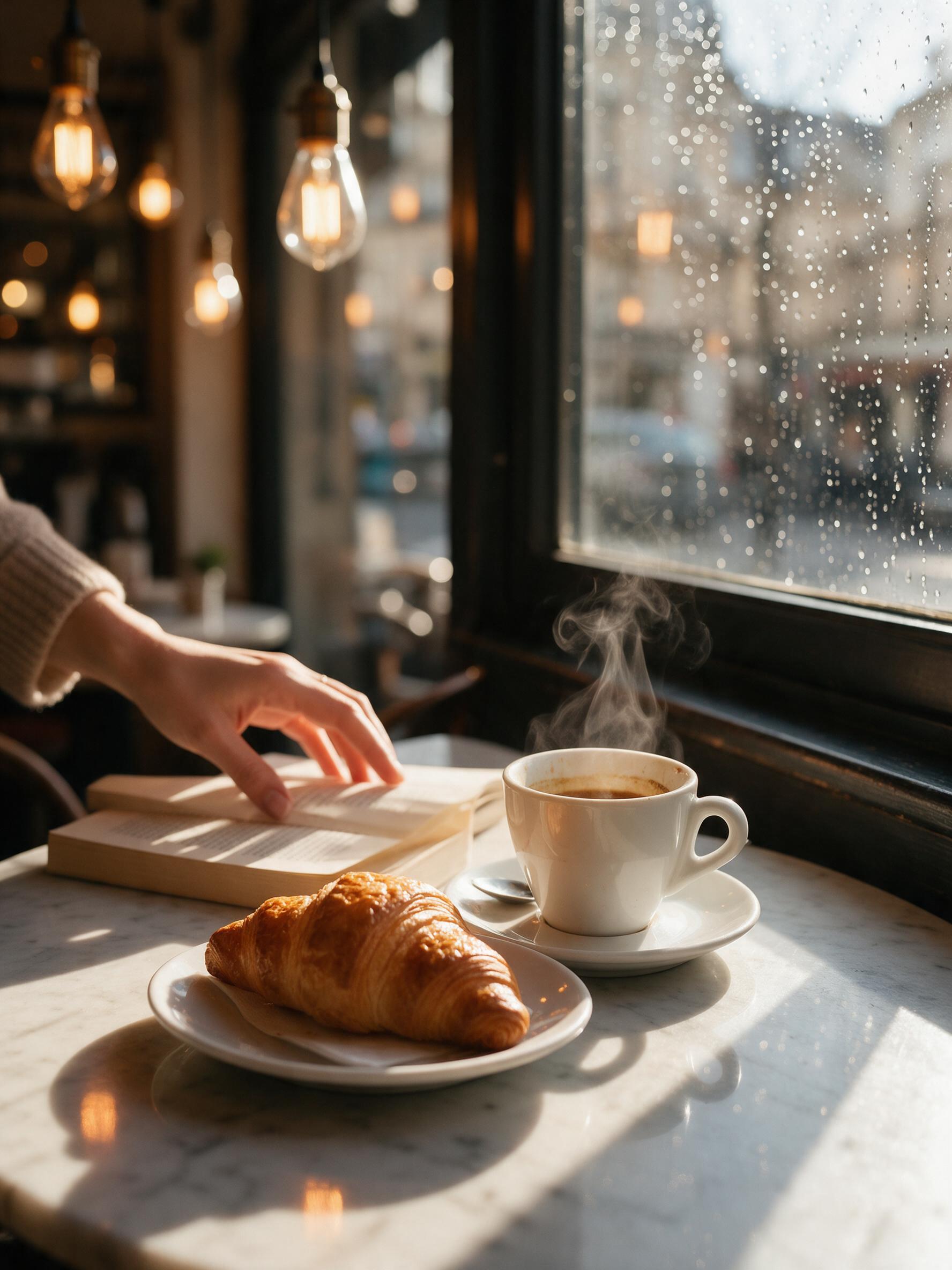 Sunlight streams through a rain-speckled window in a cozy Parisian café, casting warm reflections on a marble table where a half-empty espresso cup and a flaky croissant rest. A woman's hand, slightly blurred, reaches for a book, with steam rising gently. Soft bokeh of hanging Edison bulbs in backgr