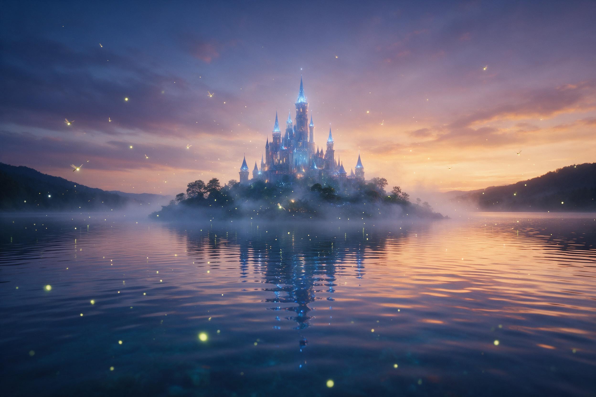 A crystal-clear mountain lake at twilight reflects a towering, luminescent castle with glowing blue spires, floating on a misty island; ethereal fireflies drift through the air, ripples catch the fading orange-purple sky, soft volumetric light, dreamlike and serene, shot on medium format with natura