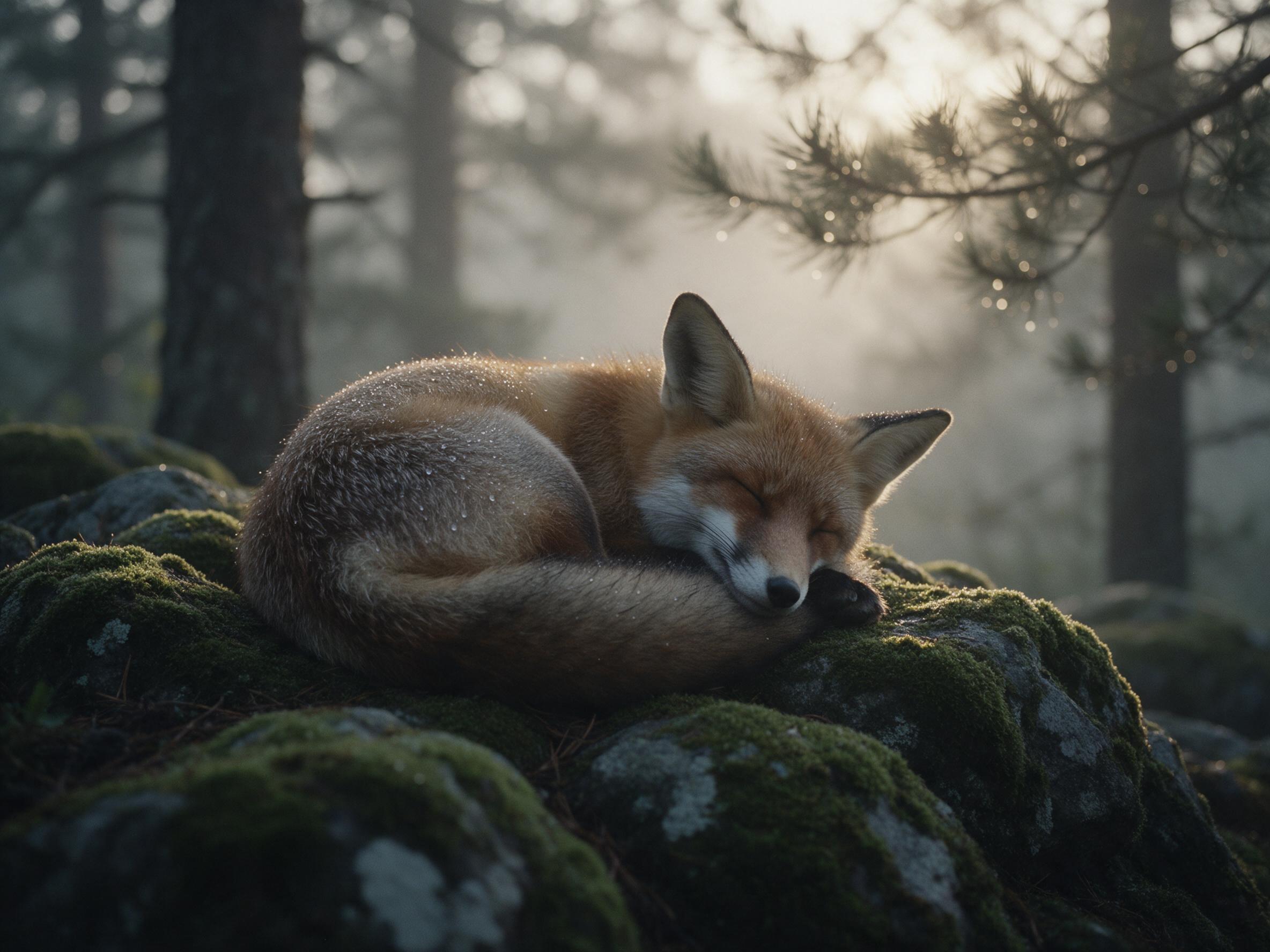 A red fox curled asleep on moss-covered rocks in misty dawn forest, soft golden light filtering through pine branches, dewdrops on fur, shallow depth of field, slight grain, muted color palette, tranquil atmosphere