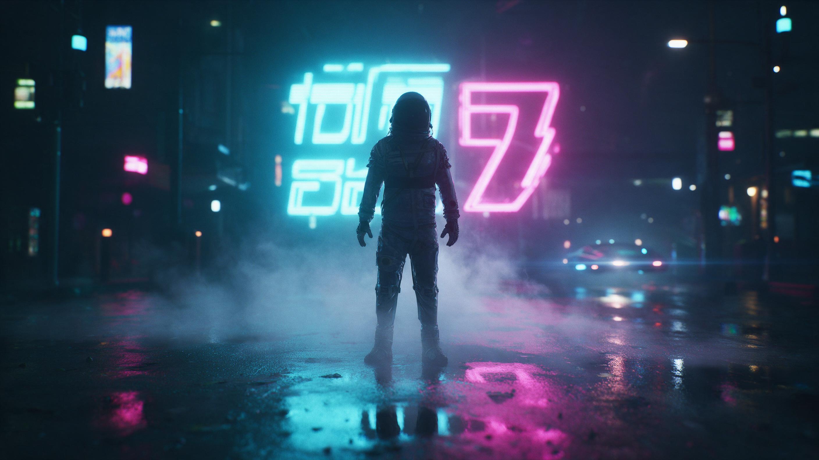 A lone figure in a weathered silver spacesuit stands on a rain-soaked neon-lit street, reflections smearing in puddles. Dark silhouette against glowing cyan and magenta signs, fog curling around ankles, subtle lens flare from a distant hover-car. Shallow depth of field, cinematic contrast.