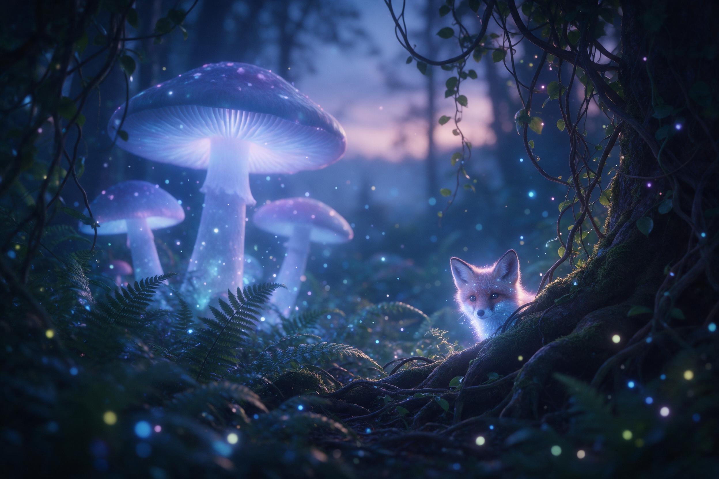 A misty bioluminescent forest at twilight, giant glowing mushrooms casting soft blue-violet light, a small fox with luminous fur peering from behind mossy roots, ethereal particles drifting in the air, shallow depth of field, cinematic rim lighting, lush ferns and tangled vines framing the foregroun