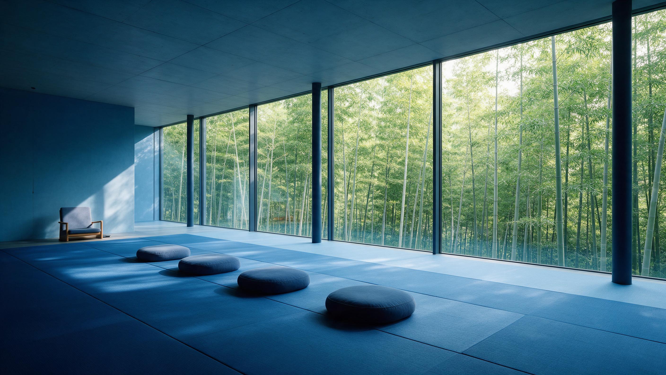 Modern zen meditation space with floor-to-ceiling windows overlooking bamboo forest, minimal design, calm blue tones