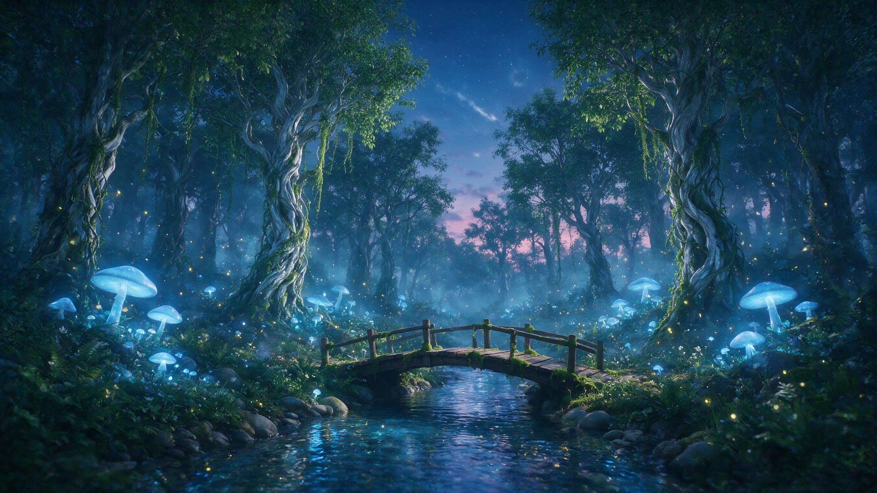A mystical forest at twilight, giant glowing mushrooms casting soft blue light, fireflies drifting through mist, ancient twisted trees with silver bark, a small wooden bridge over a crystal stream, volumetric fog, ethereal atmosphere, slight camera motion blur from wind