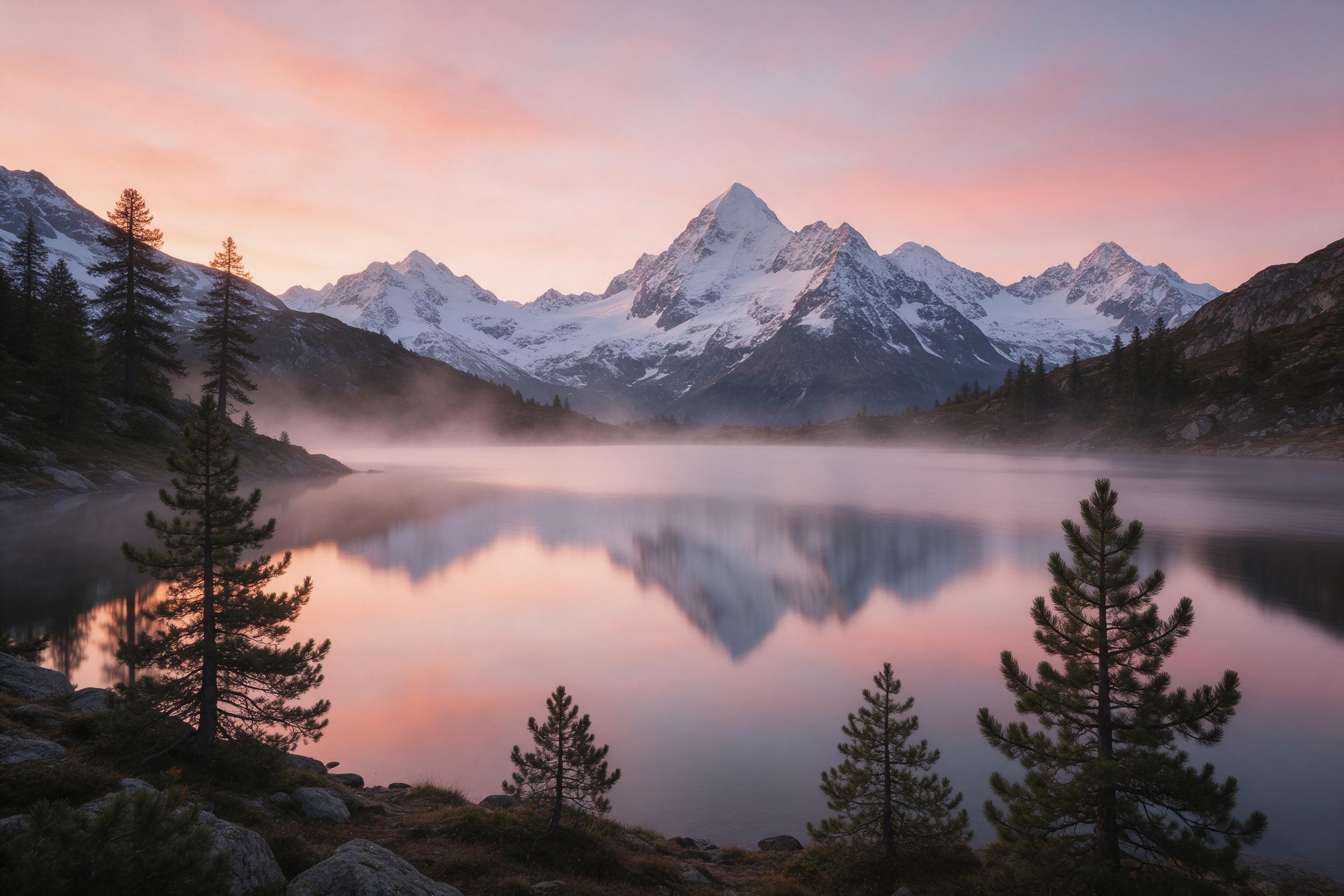 A quiet alpine lake at dawn, mirror-like surface reflecting snow-capped peaks, soft pink and orange gradient sky, gentle mist rising from the shoreline, scattered pine trees framing the foreground, long-exposure smooth water, natural ambient light, tranquil atmosphere.
