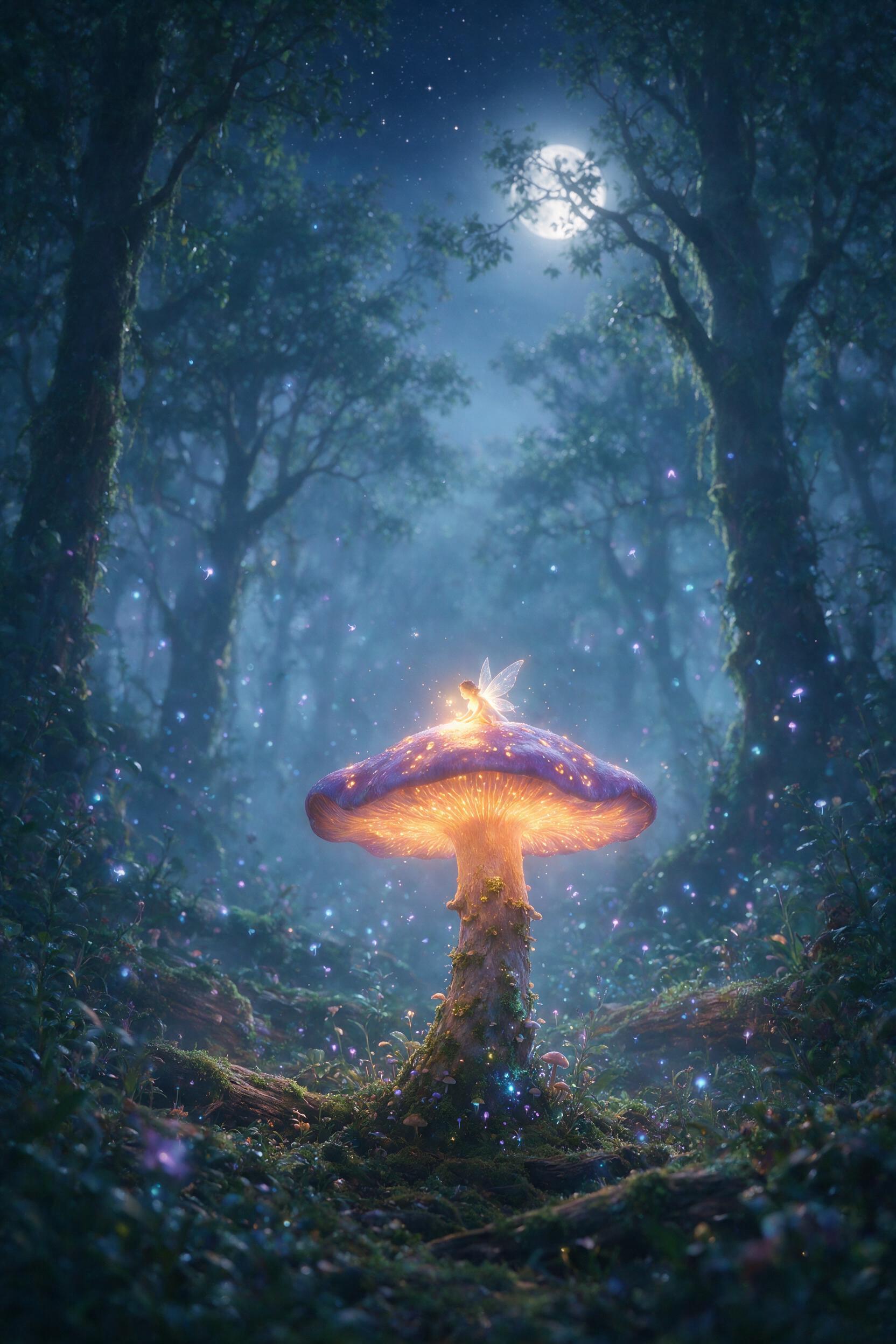 A luminous fairy with translucent wings rests on a giant glowing mushroom in a moonlit forest, soft blue and purple bioluminescent spores drifting through misty air, shallow depth of field, warm golden light from the mushroom cap illuminating her face, slight camera motion blur on the spores