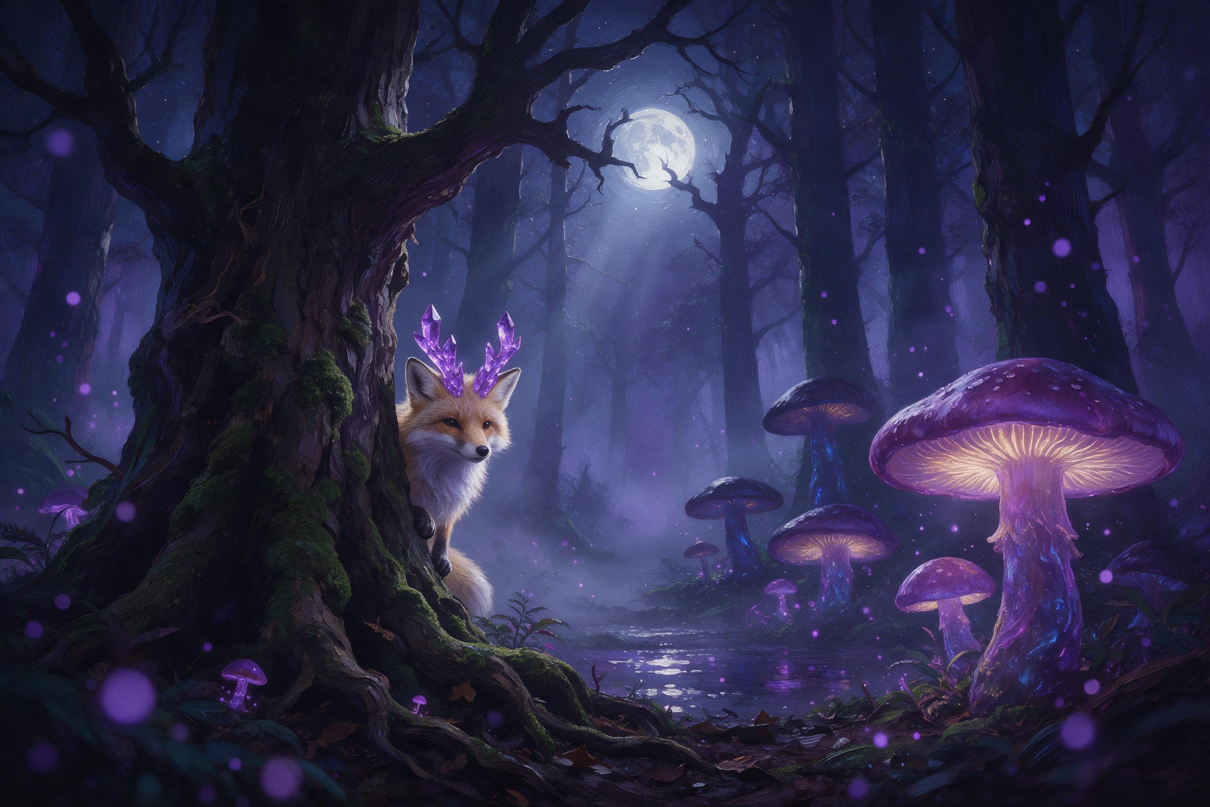 A misty midnight forest with giant glowing mushrooms, bioluminescent spores drifting in air, a small fox with crystal antlers peeking from behind an ancient mossy oak, moonlight piercing through canopy, soft fog, emerald and violet tones, cinematic composition, painterly style with visible brushstro