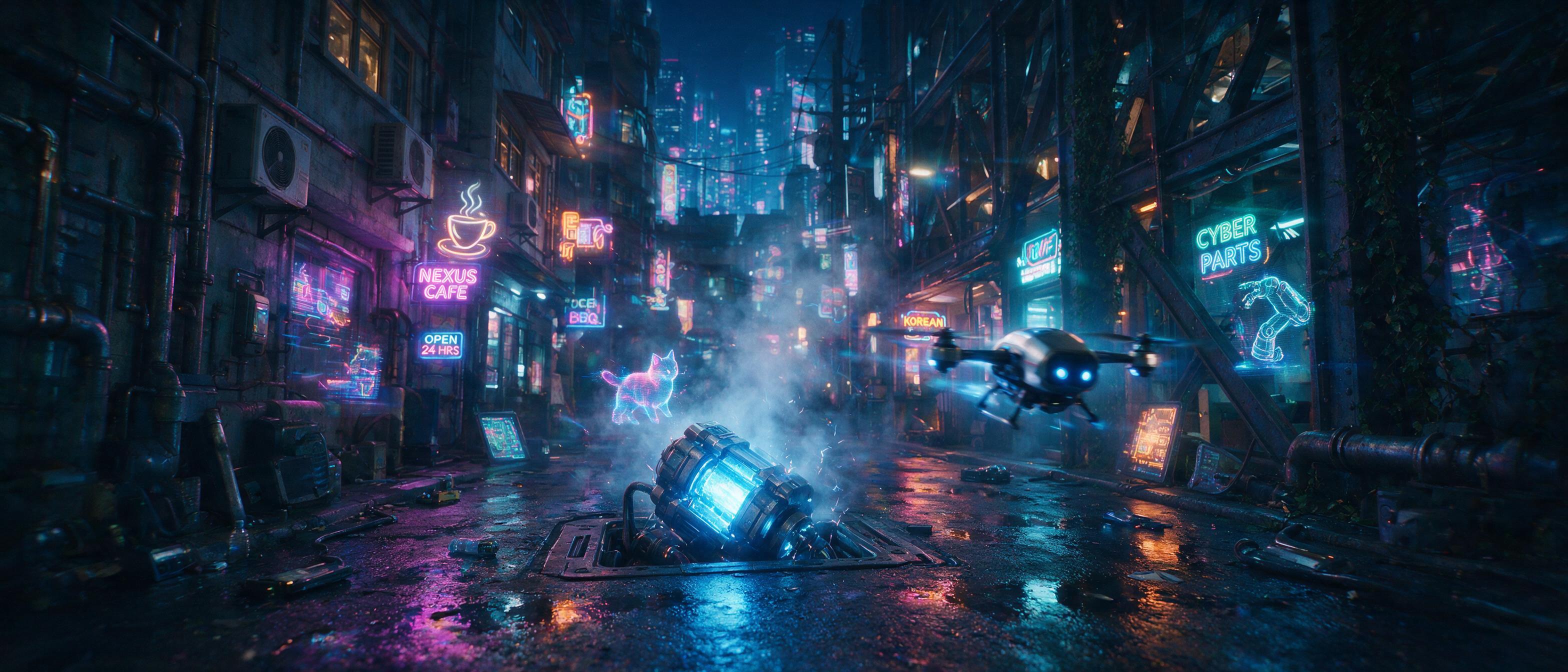 A neon-lit cyberpunk alleyway at midnight, holographic ads flickering on wet pavement, mist rising from a malfunctioning fusion core, slight lens flare, motion blur from a passing robotic drone, cinematic composition