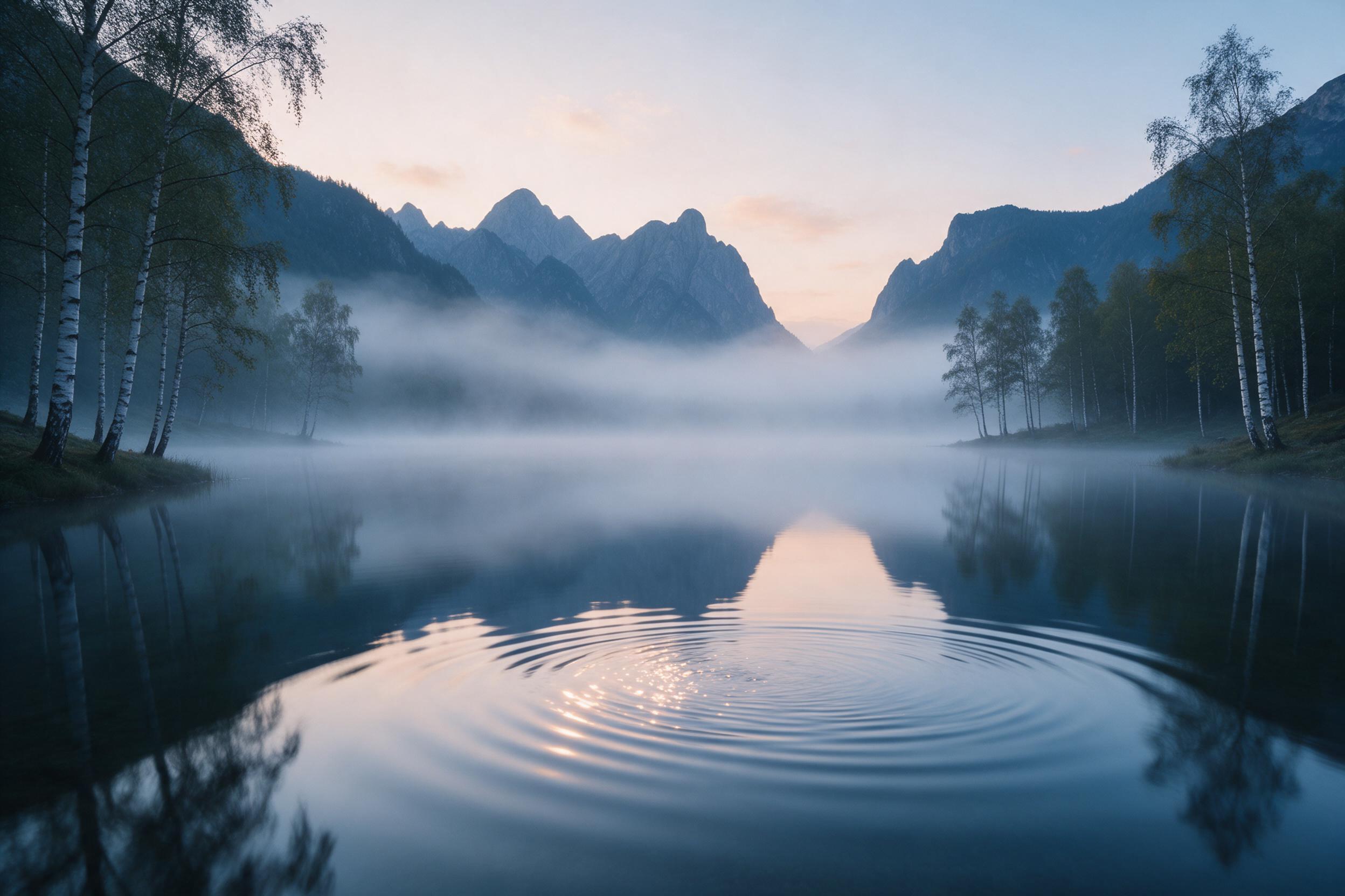 A misty alpine lake at dawn, mirror-like surface reflecting jagged peaks and a soft peach sky, birch trees lining the shore, gentle ripples catching first light, long exposure smoothness, cool blue tones with warm highlights, minimalist composition with negative space