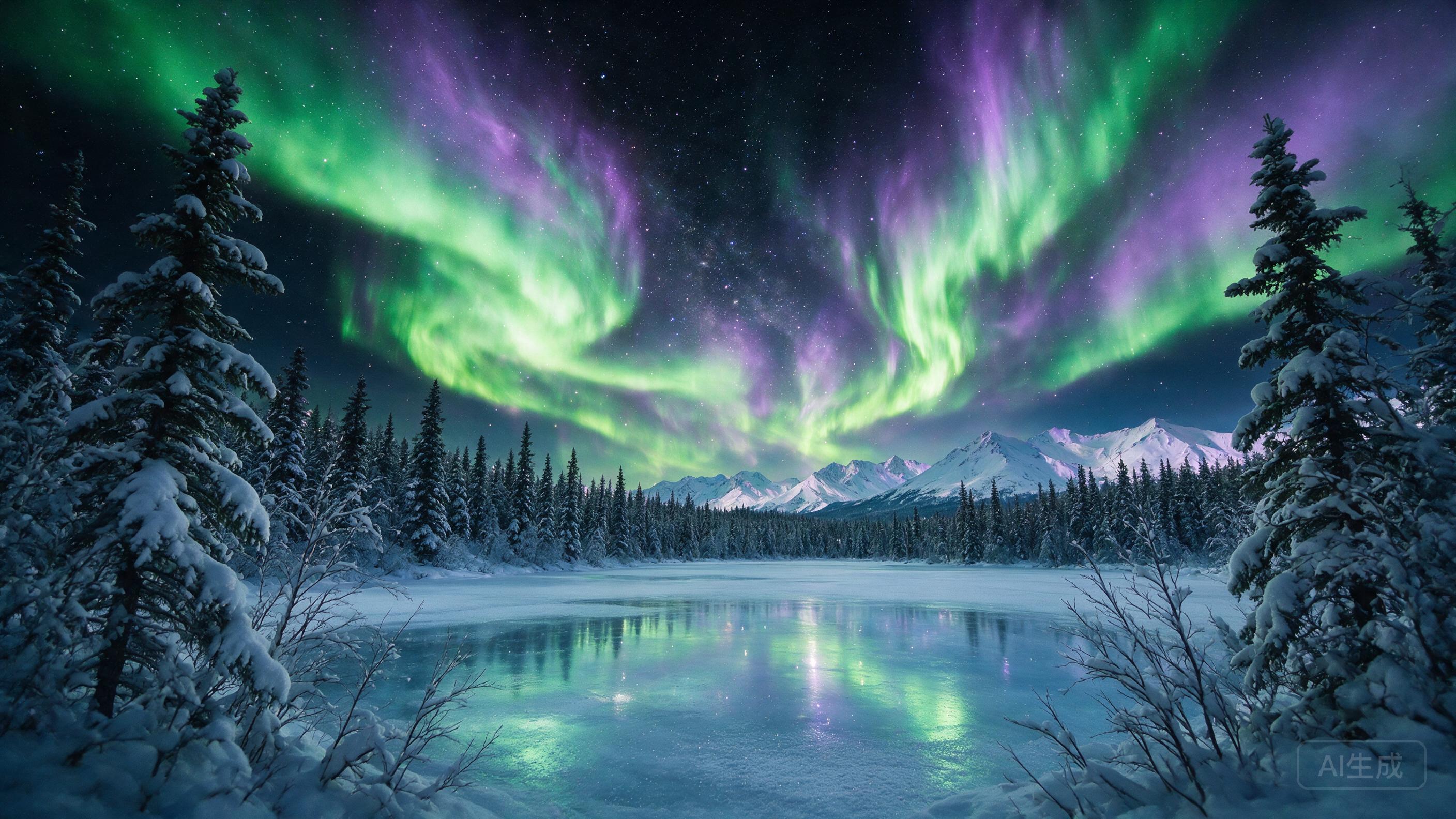 Aurora borealis dancing over a frozen lake, snow-covered trees, starry sky, reflection in the ice, ethereal green and purple lights