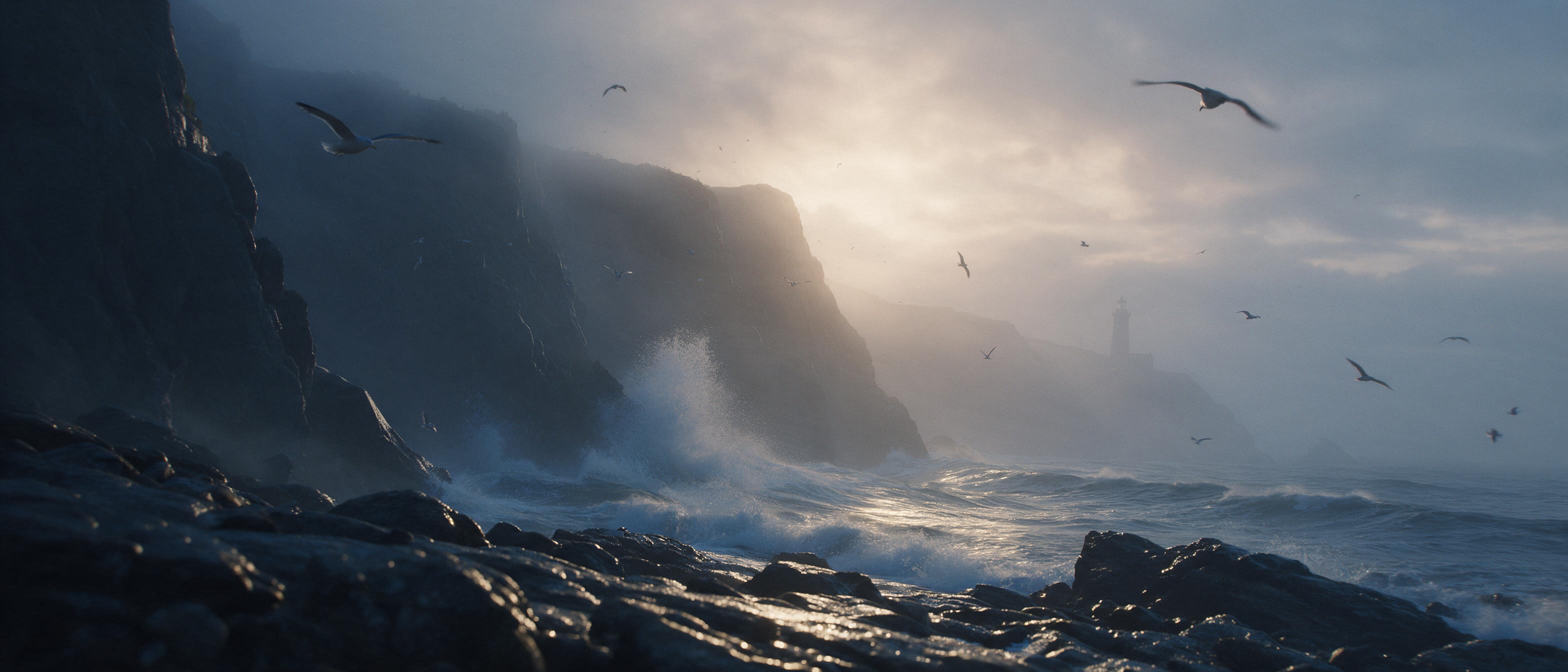 Misty coastal cliffs at dawn, ocean waves crashing below, soft golden light breaking through fog, wet rocks in foreground, seagulls in flight, distant lighthouse silhouette, damp air feel, cinematic wide composition, muted blue and amber palette