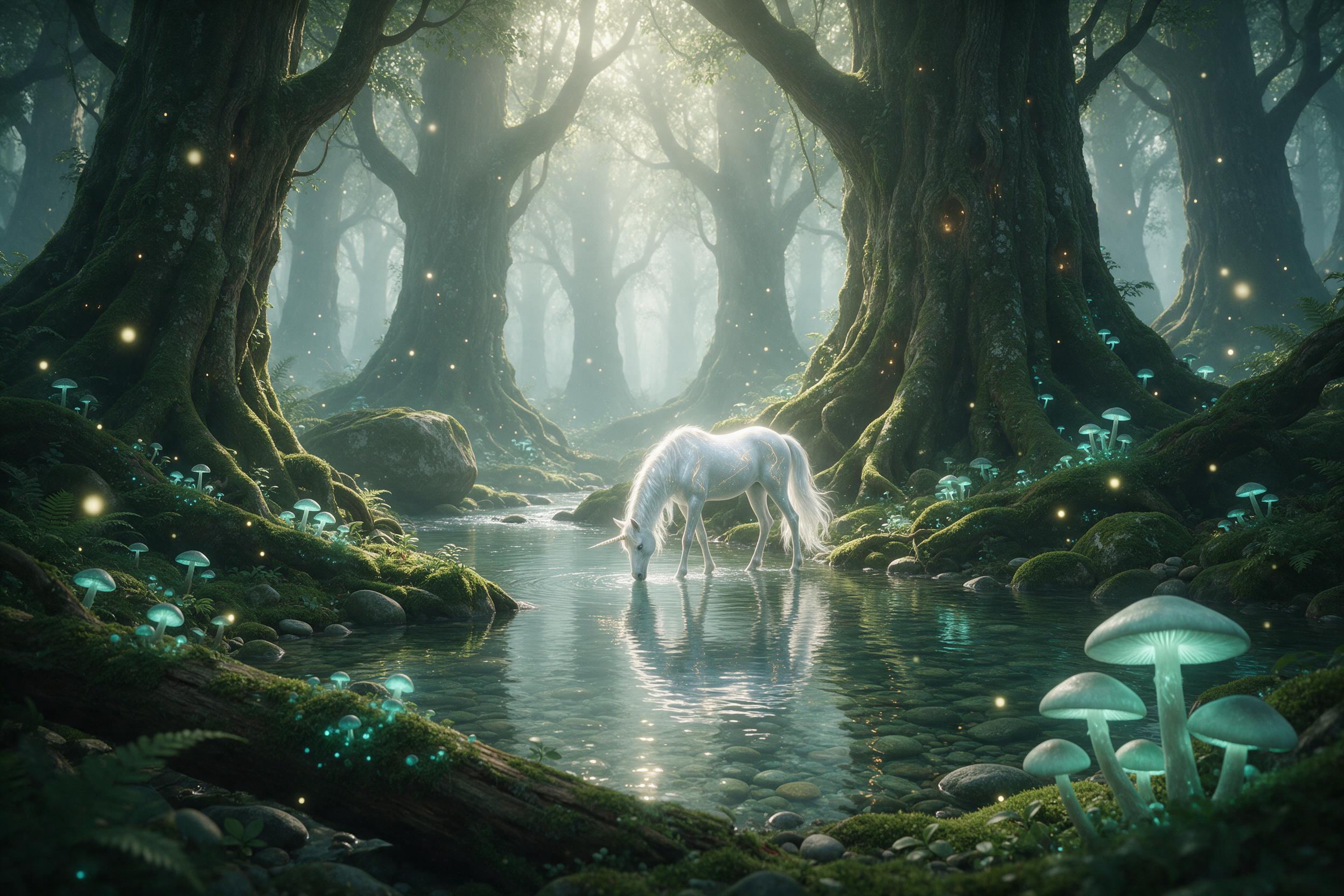 A misty emerald forest with colossal ancient trees, bioluminescent mushrooms casting soft teal glow, a silver unicorn drinking from a crystal-clear stream, fireflies dancing in dappled morning light, ethereal atmosphere, magical realism, wide-angle composition