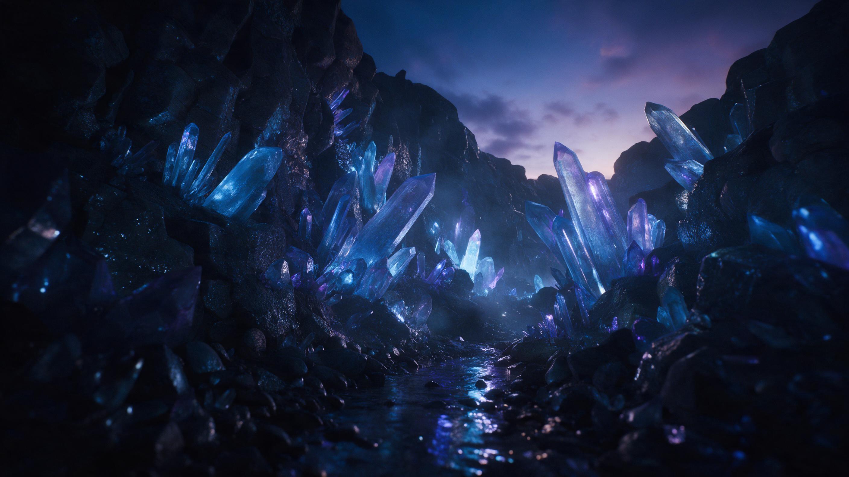 A luminous crystal cavern beneath a twilight sky, glowing blue and violet crystals jut from damp stone, a small stream reflects the light, a faint mist hangs in the air, dramatic chiaroscuro lighting with deep shadows and bright highlights, cinematic composition from a low angle, subtle color gradin