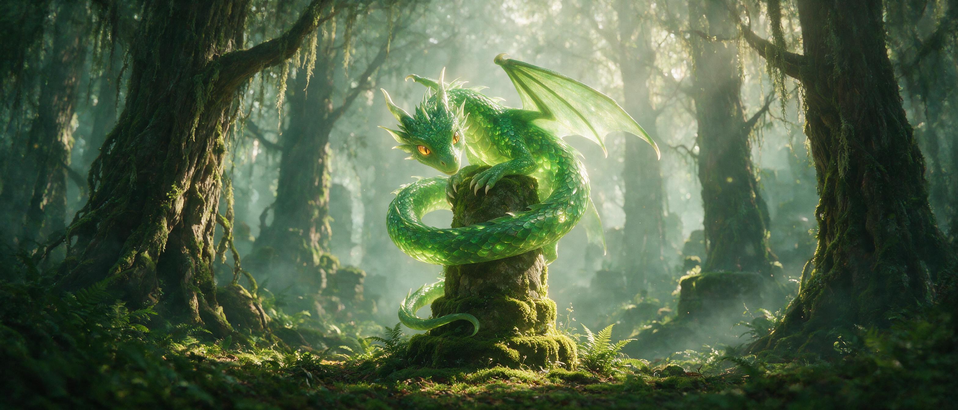 In a misty ancient forest, a glowing translucent dragon with emerald scales coils around a moss-covered stone pillar, dappled light filtering through towering trees, soft ethereal atmosphere, shallow depth of field, cinematic composition, subtle lens flare.