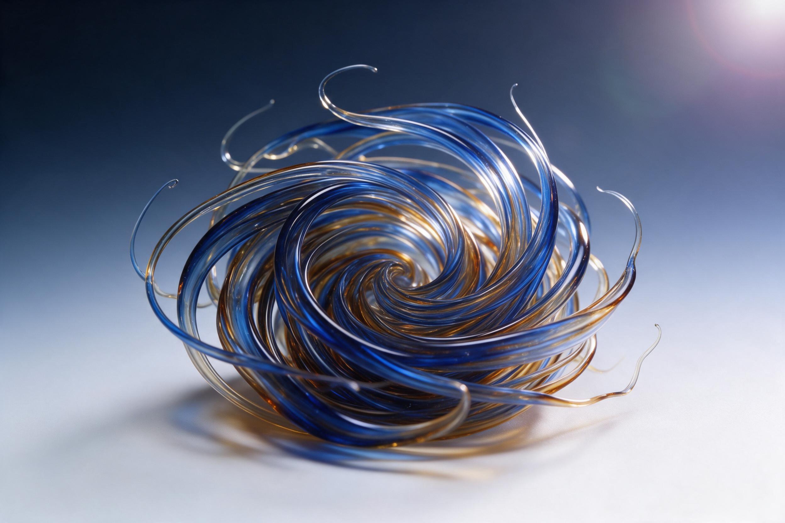 Close-up of molten glass threads swirling into an iridescent vortex, deep sapphire and amber tones, soft studio lighting, shallow depth of field, lens flare at top right, smooth gradient background, minimalist composition, no text, no watermark.