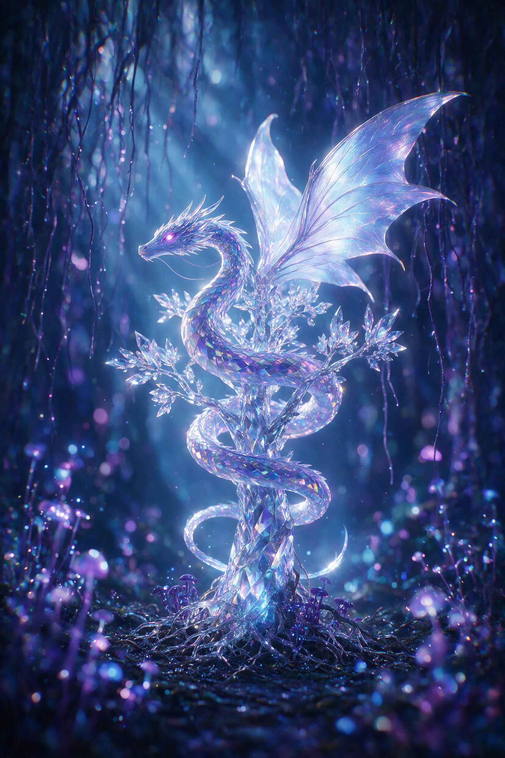 A glowing, iridescent dragon coiled around a crystalline tree in a misty bioluminescent forest, soft blue and purple light filtering through hanging vines, shallow depth of field, ethereal atmosphere, cinematic lighting, slight chromatic aberration