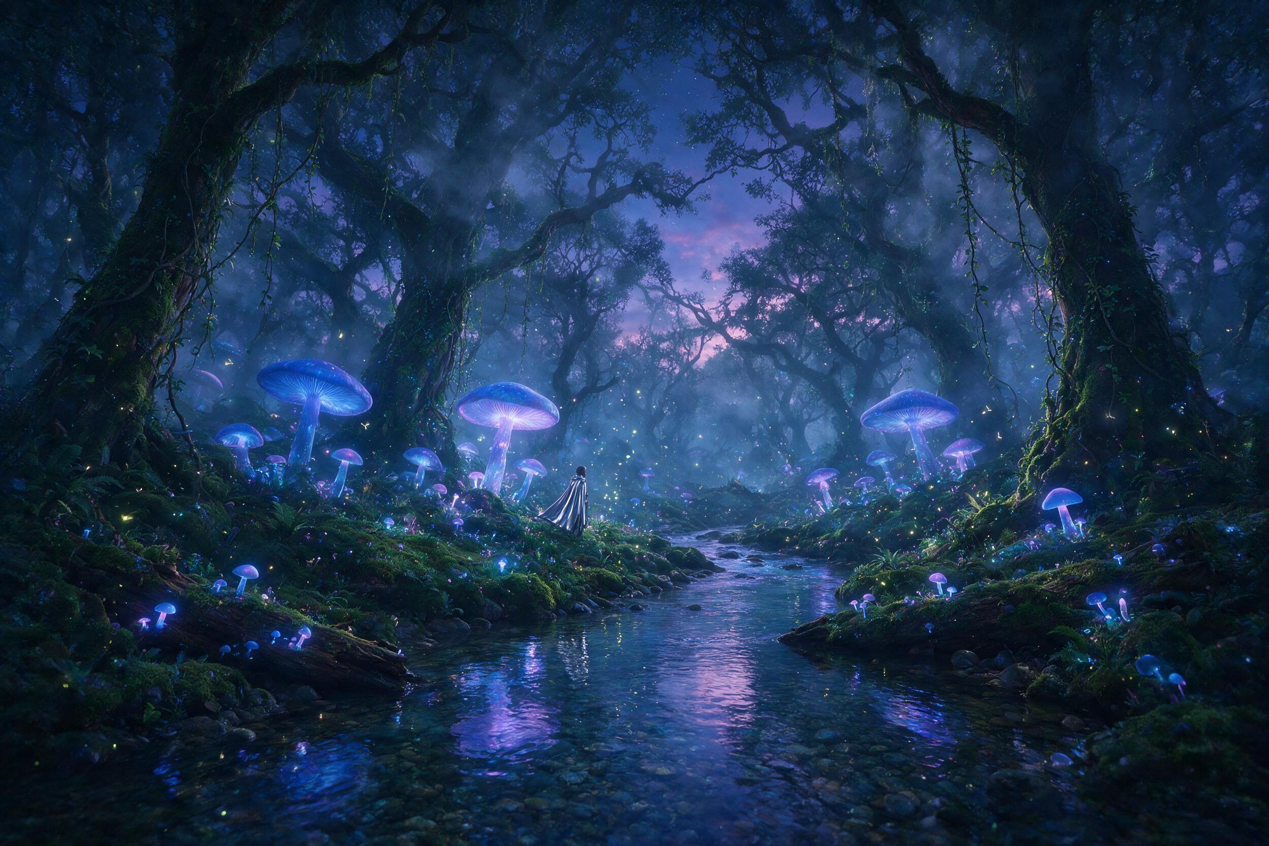 A luminous, ethereal forest at twilight where giant glowing mushrooms emit soft blue and purple light, casting gentle shadows on mossy ground. A lone figure in a flowing silver cloak stands beside a crystal-clear stream, watching floating fireflies drift upward into the misty canopy. The air shimmer