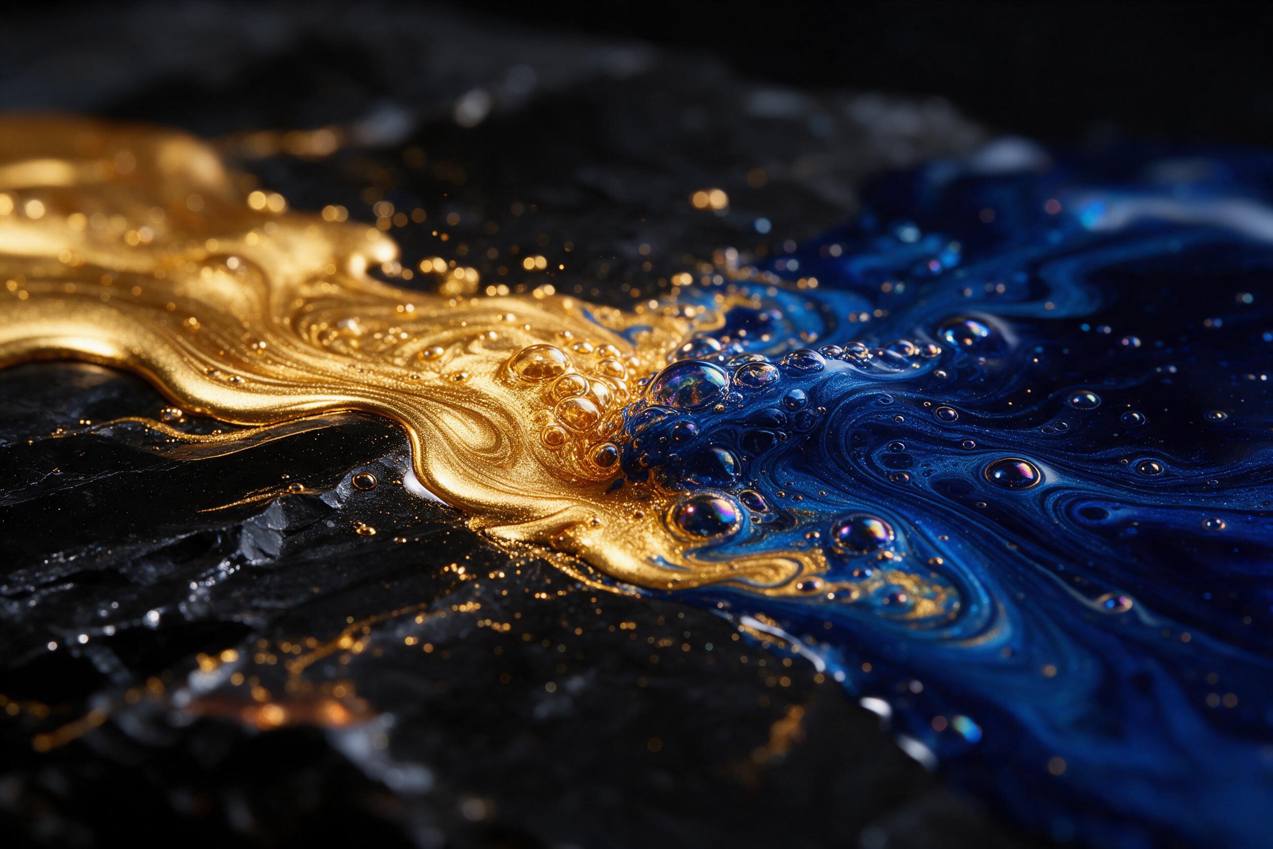 Flowing molten gold and deep sapphire liquid collide on a black obsidian surface, creating swirling fractal patterns with iridescent bubbles. Macro lens, dramatic side lighting, shallow depth of field emphasizing sharp center focus, background softly blurred into darkness. Subtle reflection of warm 