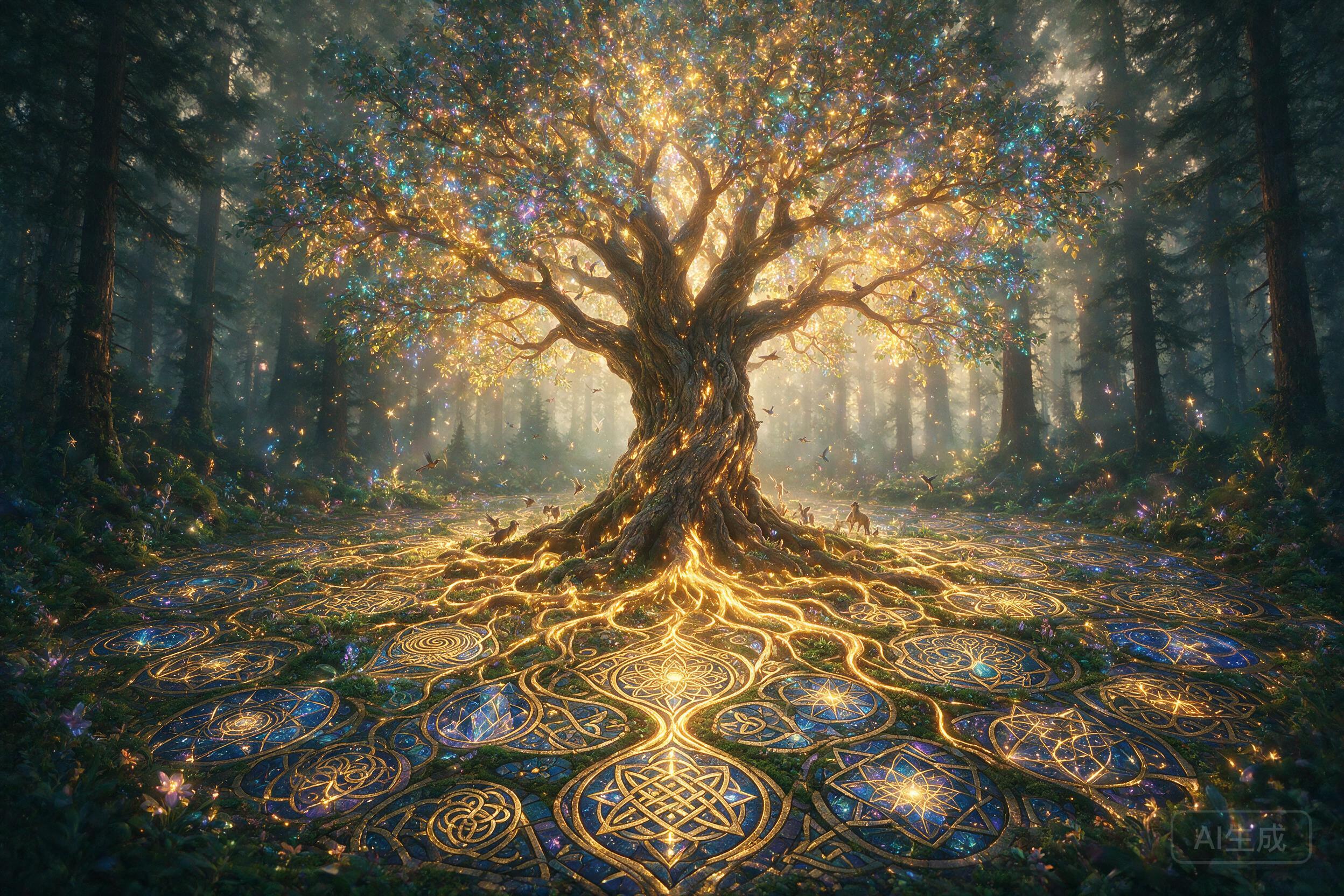 Ancient tree of life with glowing roots extending into geometric patterns, bioluminescent leaves, magical realism