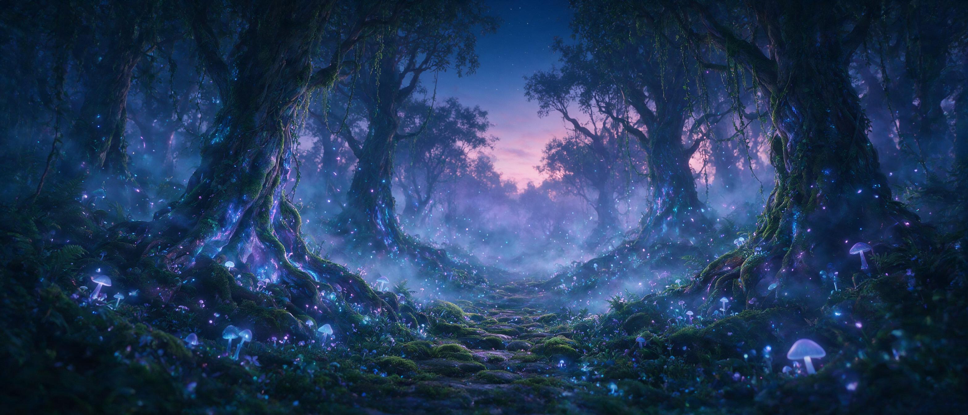 A luminous forest at twilight, bioluminescent mushrooms and fireflies casting soft blue and purple light, ancient twisted trees with glowing roots, mist swirling between the trunks, ethereal atmosphere, soft focus, cinematic composition