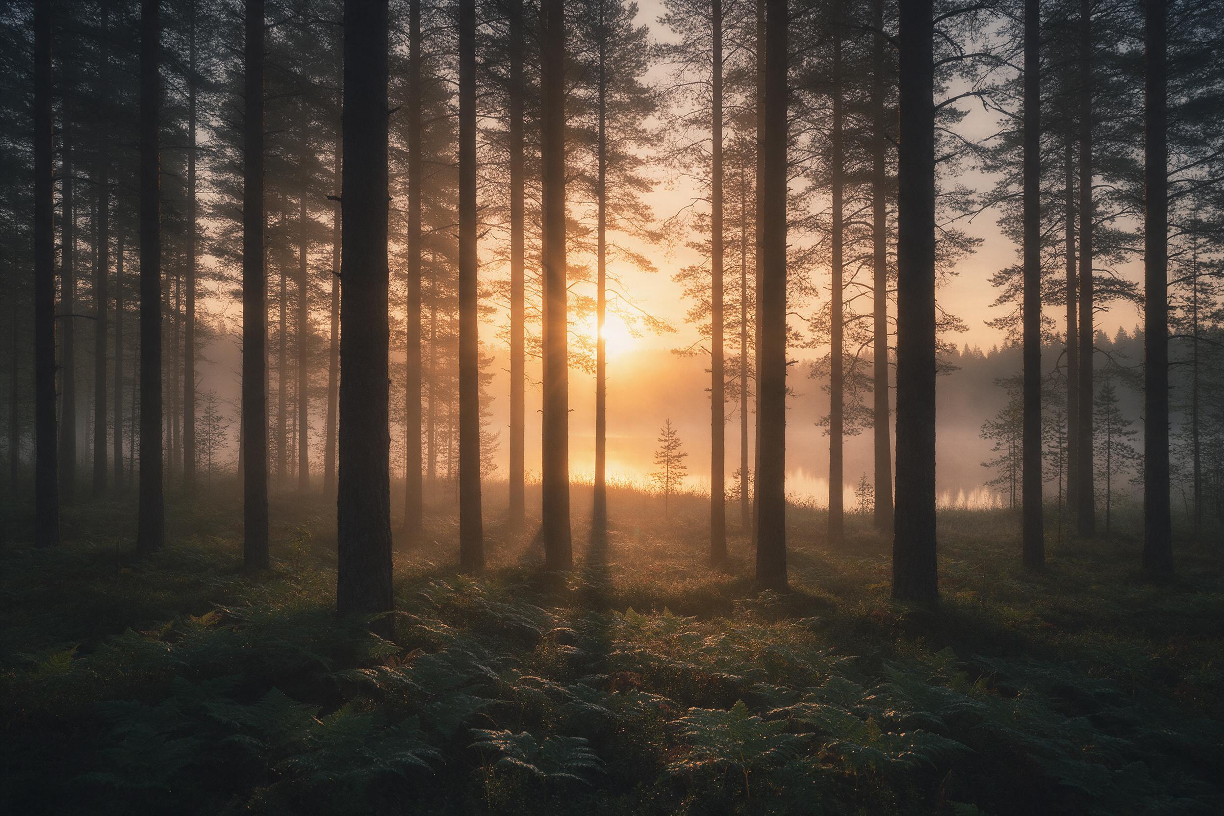 Sunrise pierces through misty boreal forest; tall pines stand in silhouette, soft golden light rays between trunks, ground covered in dew-kissed ferns, distant lake reflecting amber sky, subtle haze, serene and tranquil mood, shot on medium format film.