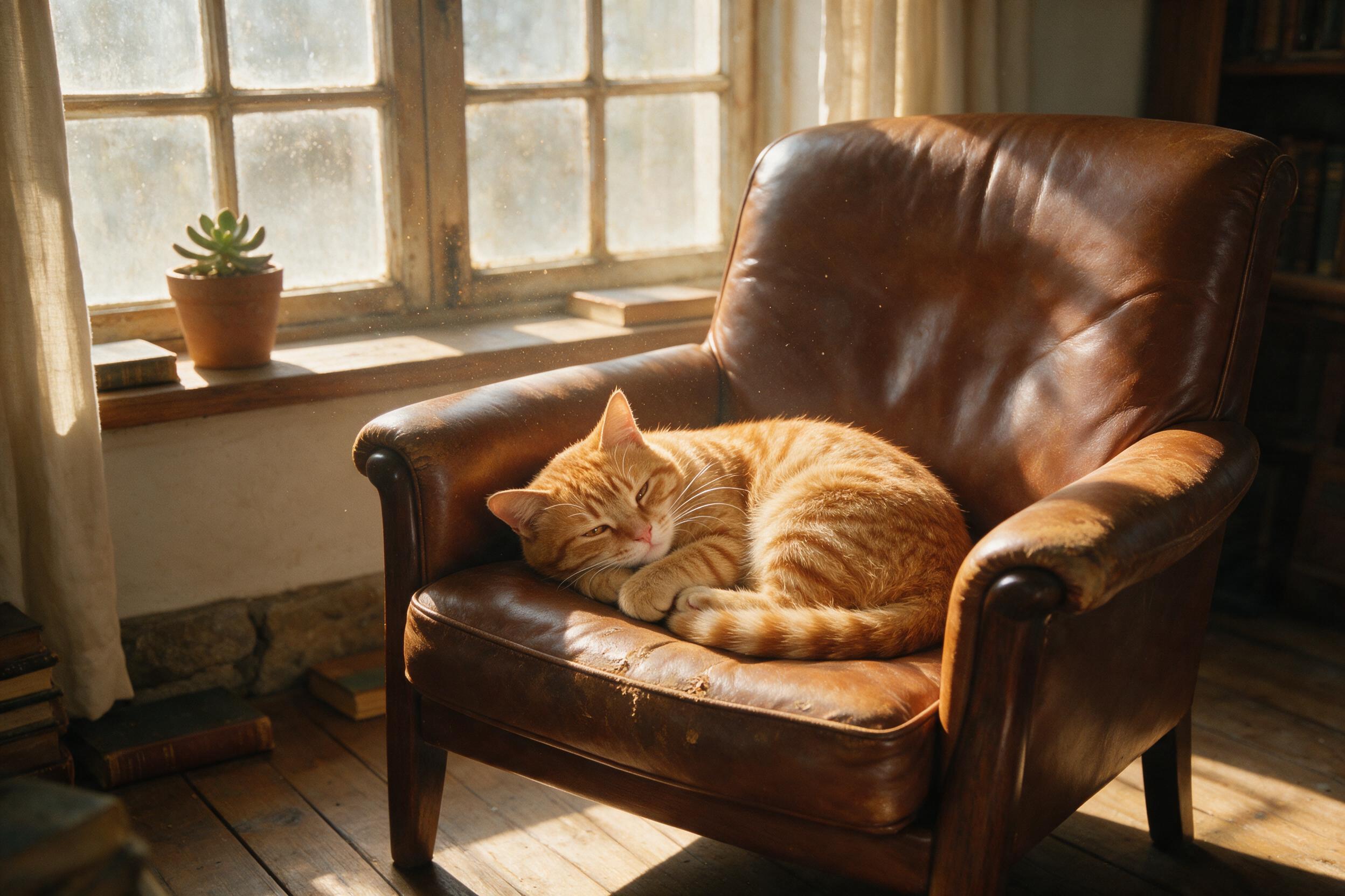 A sleepy ginger cat curled up on a worn leather armchair, soft morning light streaming through a dusty window, casting long shadows, slight grain, natural color palette, cat's whiskers catching the light, calm atmosphere, subtle vignette.