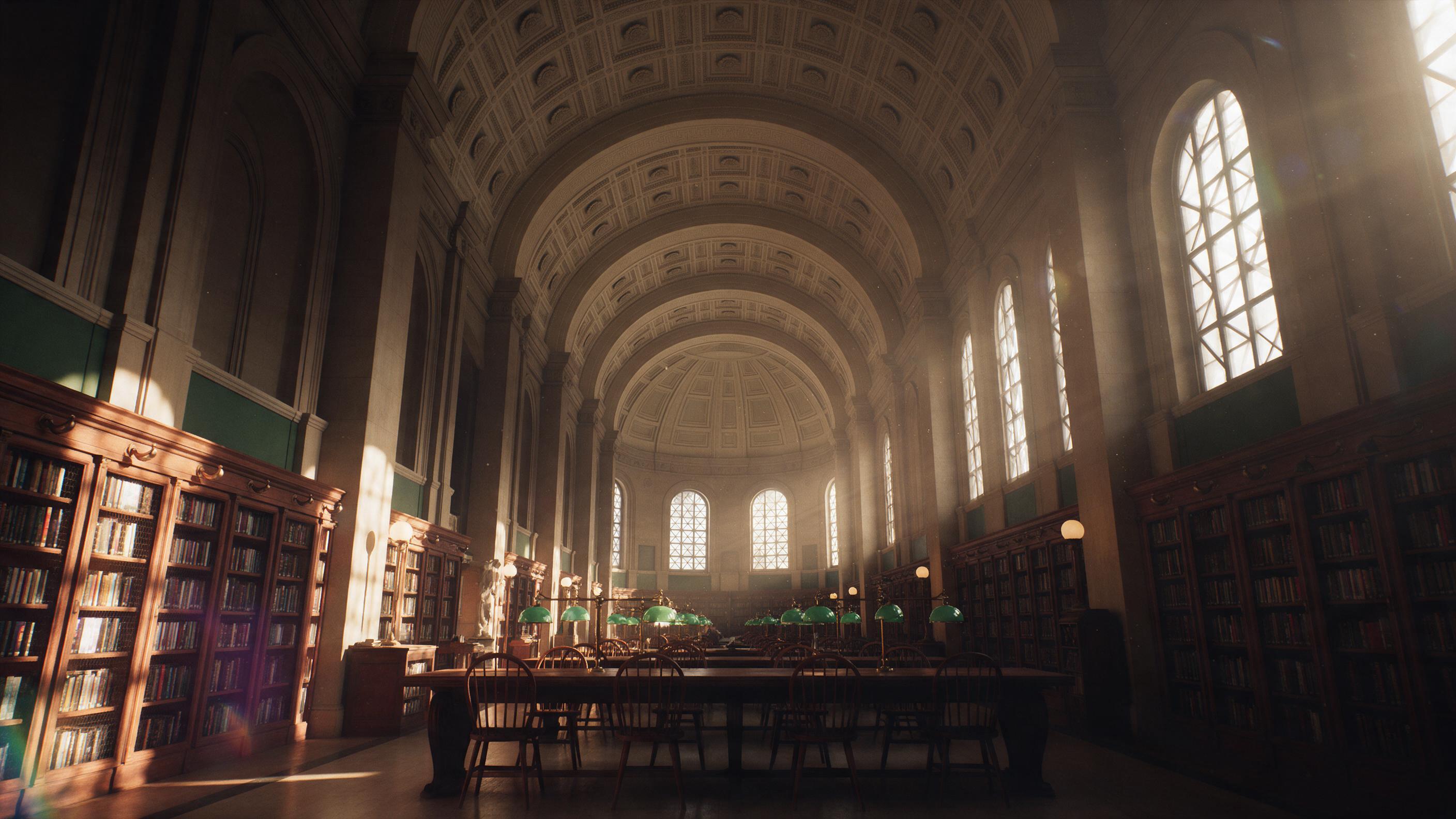 Interior of a grand neoclassical library hall with soaring coffered ceiling, rows of mahogany bookshelves, warm late afternoon sunlight streaming through tall arched windows, dust motes in golden beams, a central reading table with green glass lamps, deep shadows in corners, subtle lens flare, sligh