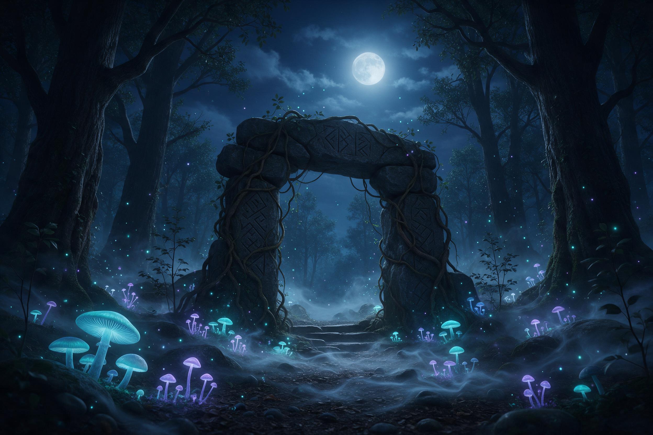 A moonlit forest clearing where bioluminescent mushrooms glow in teal and violet, their spores drifting like fireflies. A stone archway covered in ancient runes stands at the center, vines entwining its pillars. Mist snakes low across the damp earth, catching the silver-blue light. Tall old-growth t