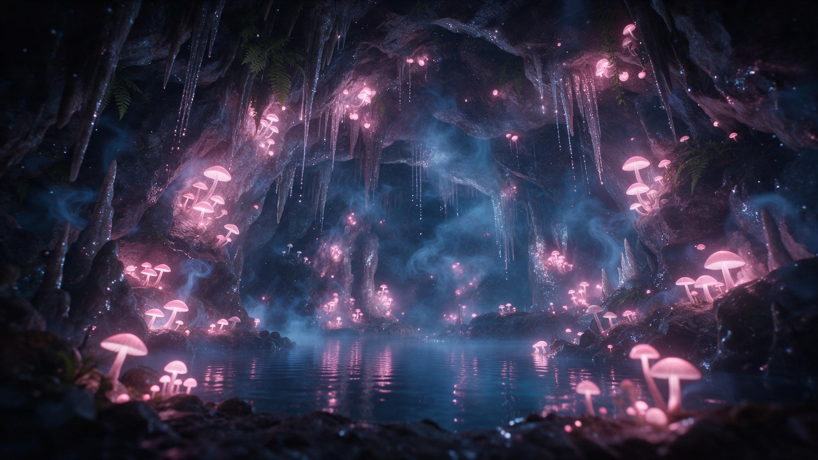 A glowing crystal cave where bioluminescent mushrooms cast soft pink light on a still underground lake, wisps of blue mist curl upward, stalactites drip with liquid silver, delicate ferns hang from crevices, cinematic angle from the lake edge, gentle reflections, dreamy ethereal atmosphere.