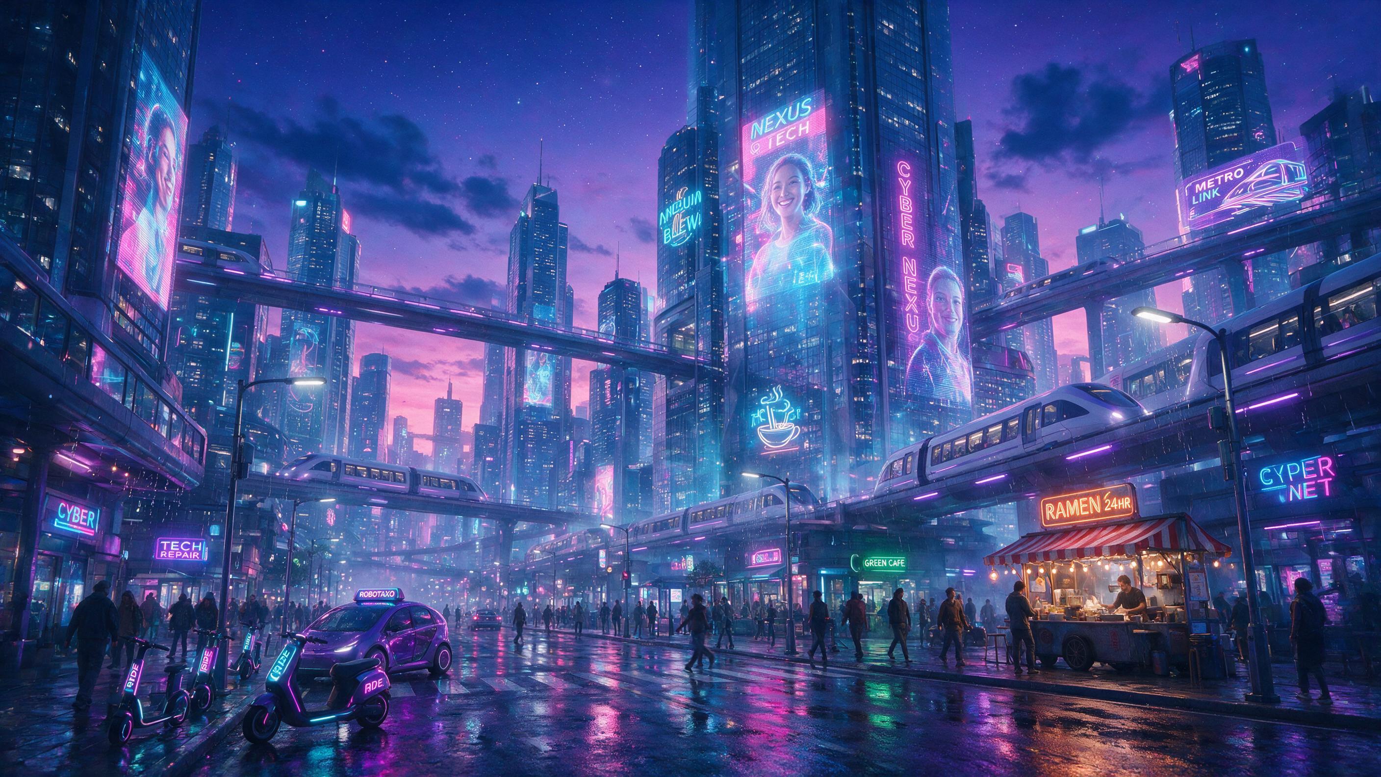 A vast, futuristic cityscape under a neon-purple twilight sky, with towering holographic billboards reflecting in rain-slicked streets. Sleek maglev trains glide between crystalline skyscrapers. Soft, diffused glow from street-level neon signs, slight lens flare, cinematic composition.