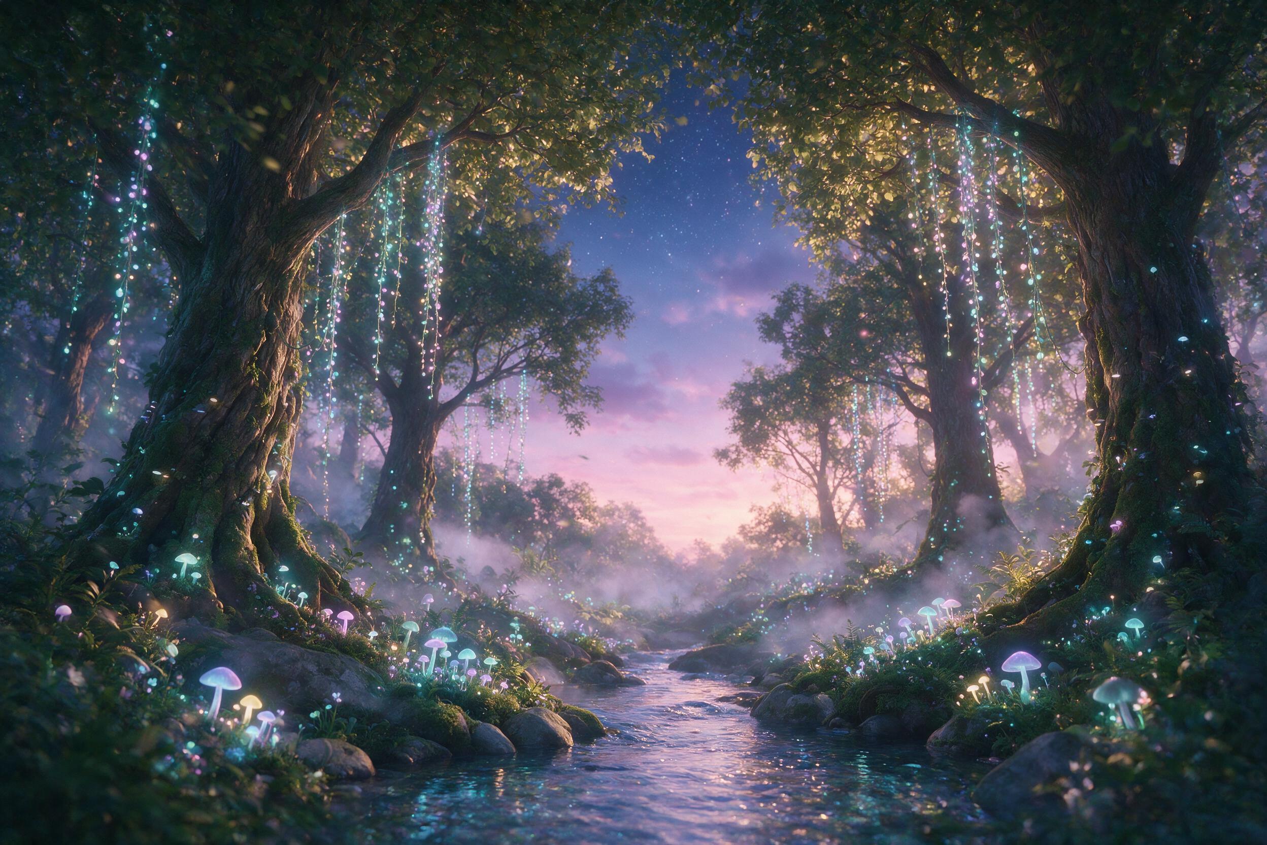 A luminous forest at twilight, glowing mushrooms and bioluminescent vines hanging from ancient trees, soft mist rising from a crystal-clear stream, dappled light filtering through the canopy, ethereal atmosphere, dreamy pastel colors, slight motion blur in the leaves, natural lighting from the glowi