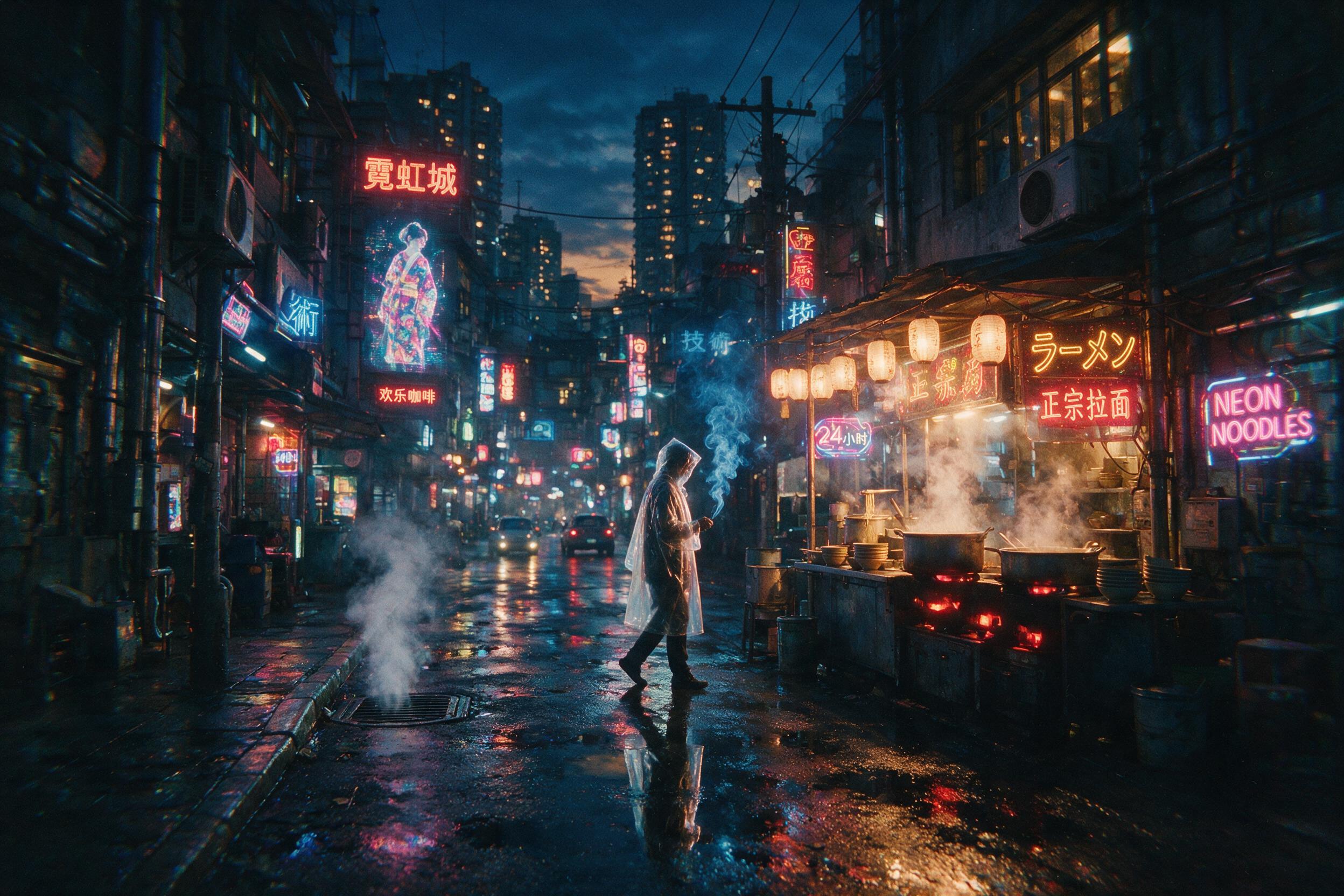 A neon-lit cyberpunk street at dusk, rain-slicked asphalt reflecting holographic ads, a lone figure in a translucent raincoat walks past a glowing noodle stand, cigarette smoke mixes with steam from vents, gritty alley with flickering signs, shallow depth of field, 35mm film grain, slight chromatic 