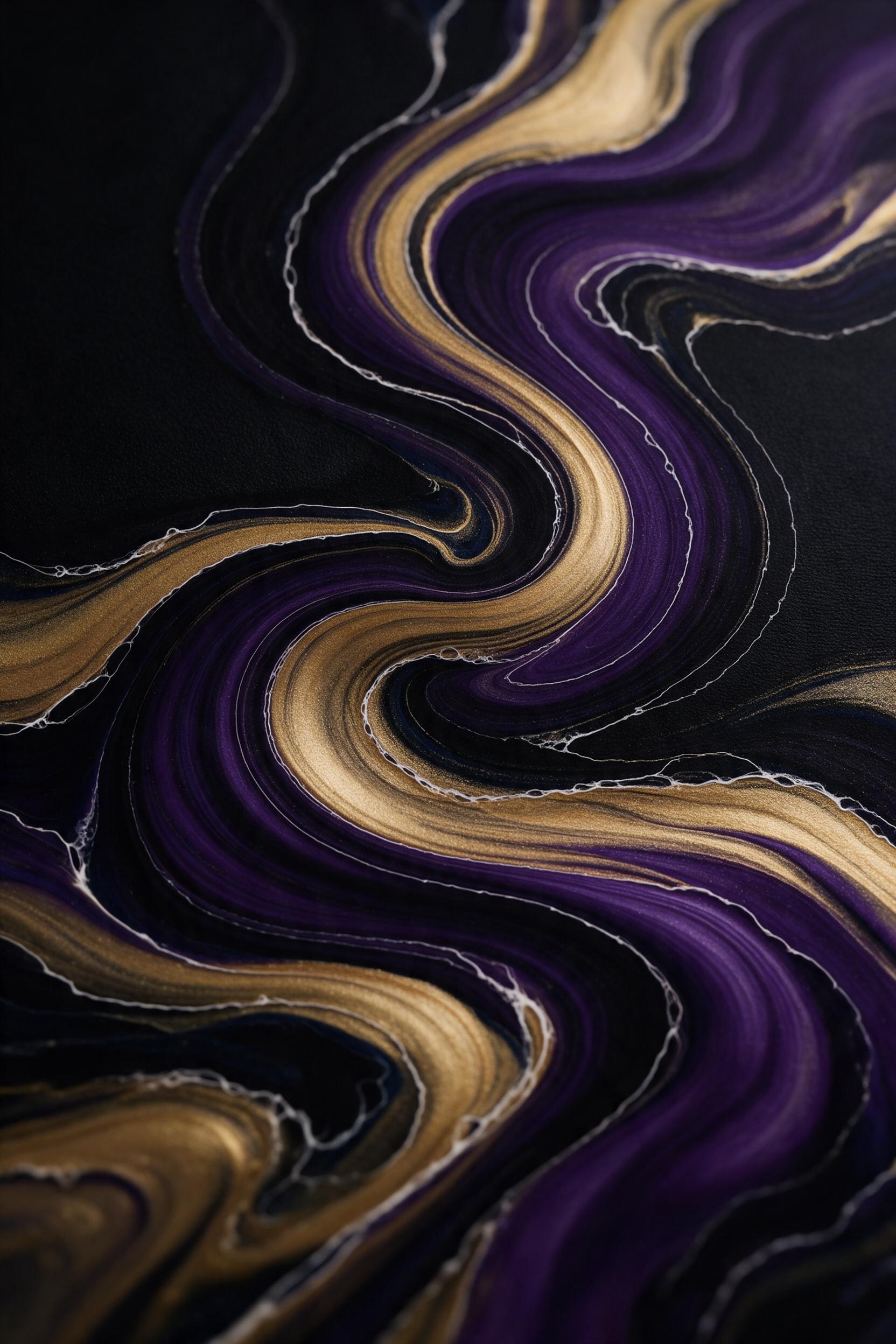 A surreal fluid art composition with swirling deep violet and molten gold rivers, edged by fine white foam-like lines, on a matte black canvas; soft studio side lighting casts subtle highlights, center-focused with gentle macro blur at the borders, minimalist and serene.