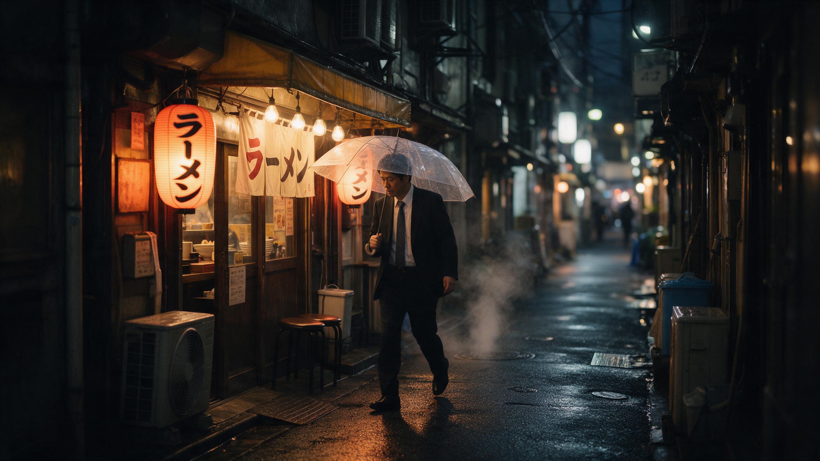 A quiet rainy evening on a narrow Tokyo backstreet, warm glow from a ramen shop lanterns reflecting on wet asphalt, a lone salaryman with a transparent umbrella walking past, steam rising from vents, shallow depth of field, cinematic composition, soft bokeh, natural atmospheric lighting