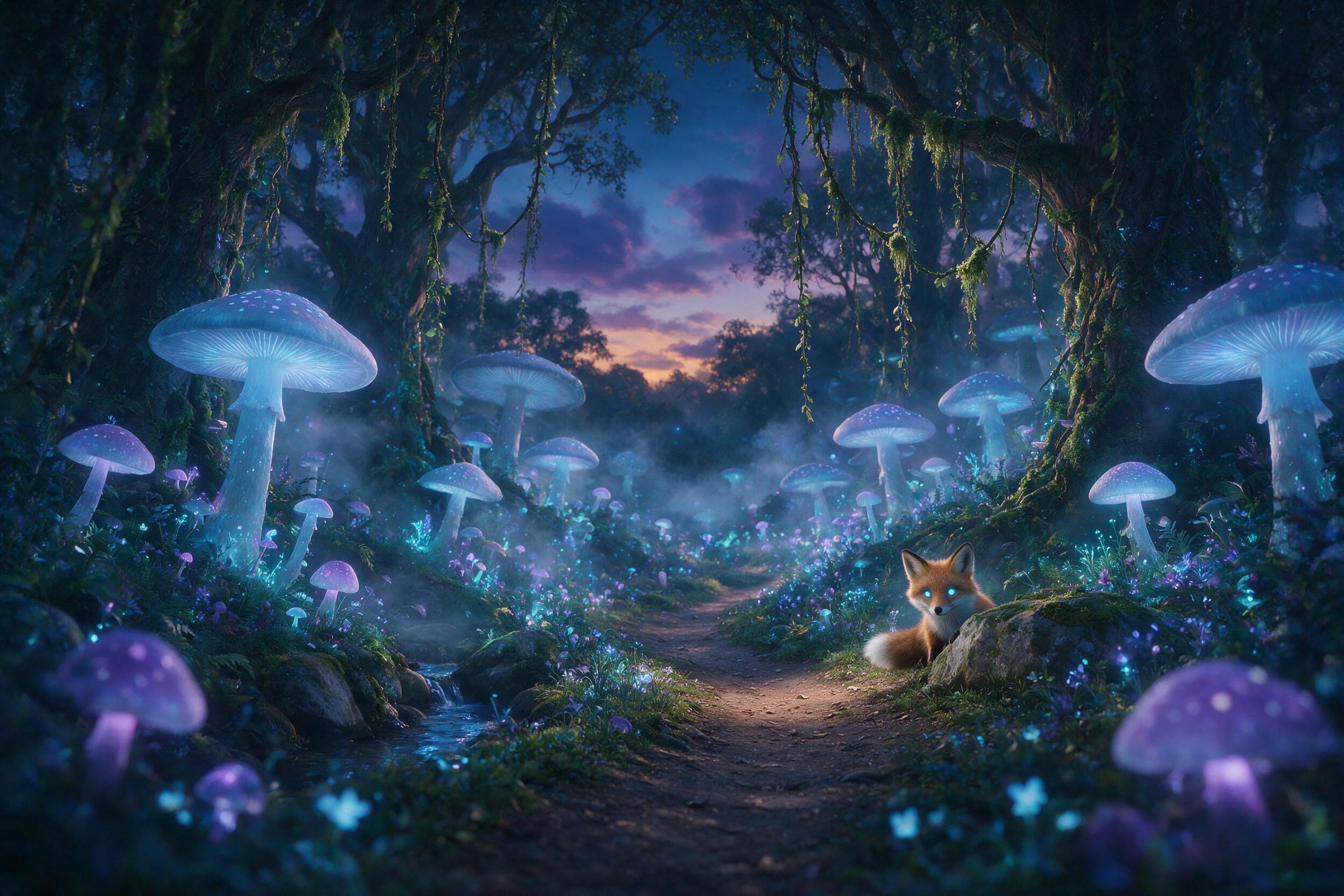 A bioluminescent forest at twilight, where giant glowing mushrooms and hanging vines cast soft blue and purple light on a winding path. Mist drifts between ancient trees, a small fox with glowing eyes peeks from behind a mossy stone. Soft focus foreground, gentle depth of field, natural ambient glow