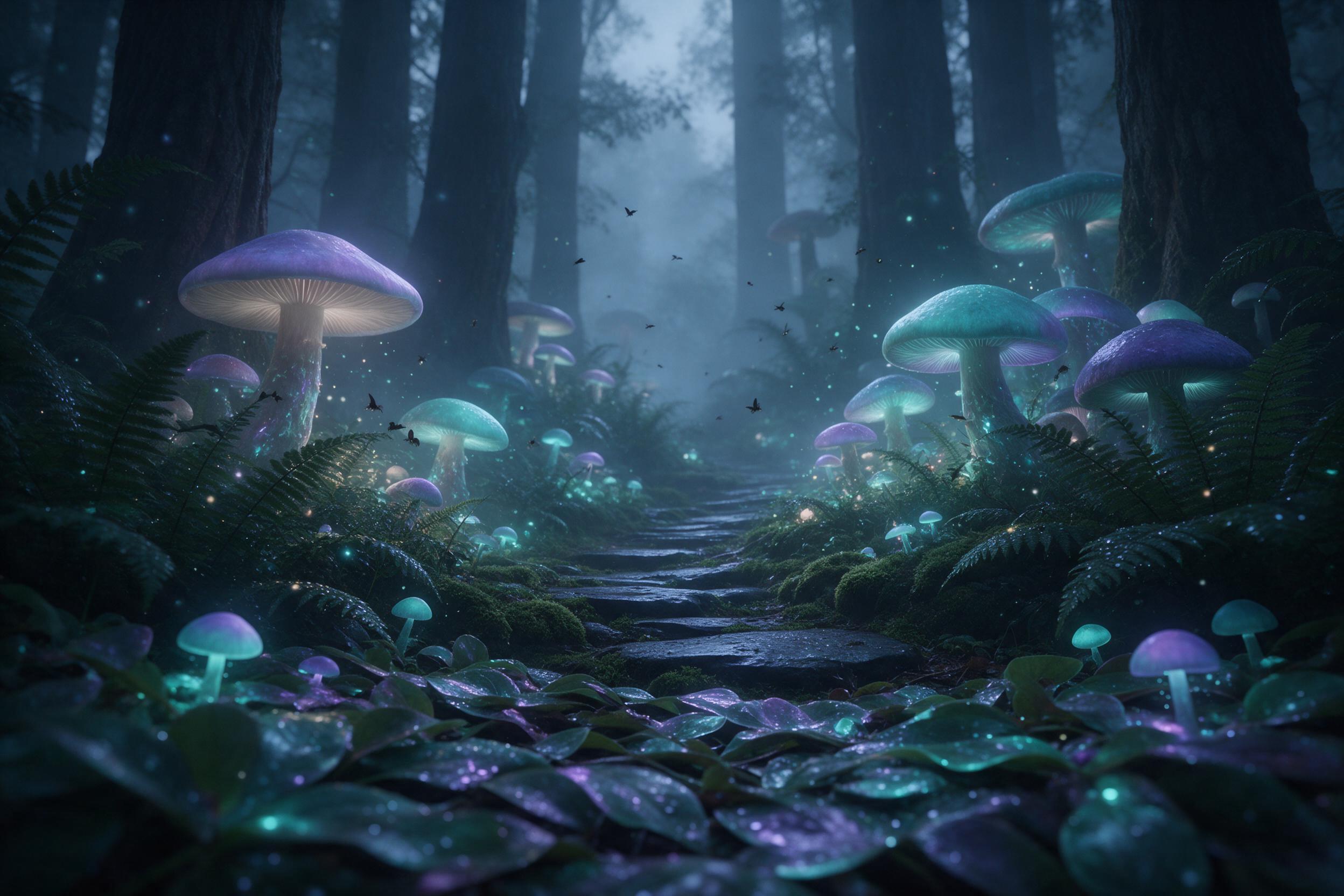 An ancient, glowing forest at dusk, where massive bioluminescent mushrooms and floating spores cast soft teal and violet light. A winding, moss-covered stone path disappears into mist. Low-angle composition with wet leaves reflecting the glow. Silhouetted fireflies drift between ferns. Soft volumetr