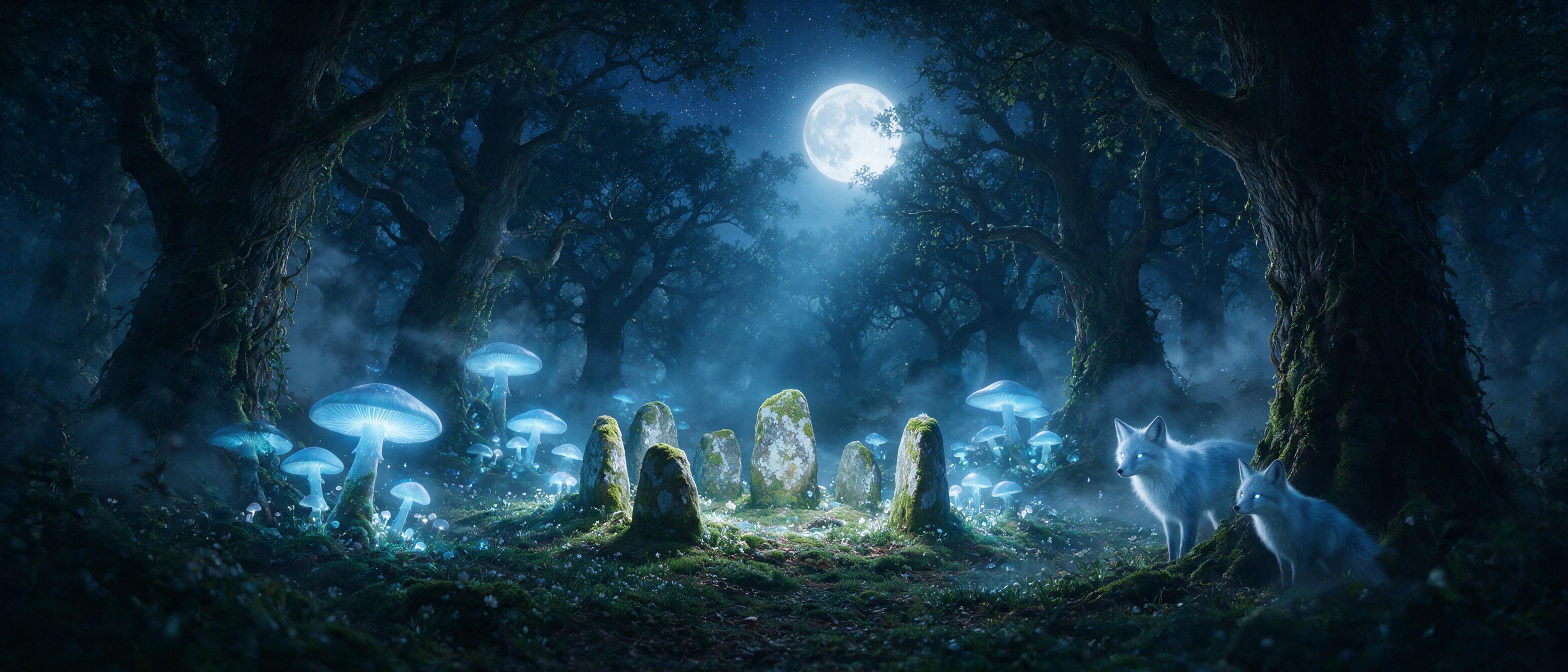 A moonlit forest glade where giant glowing mushrooms cast soft blue light on a small stone circle. Mist weaves between ancient oak trees, and a faint silver fox with luminous eyes watches from the shadows. Cool color palette, dreamy atmosphere, cinematic wide shot with layered depth.