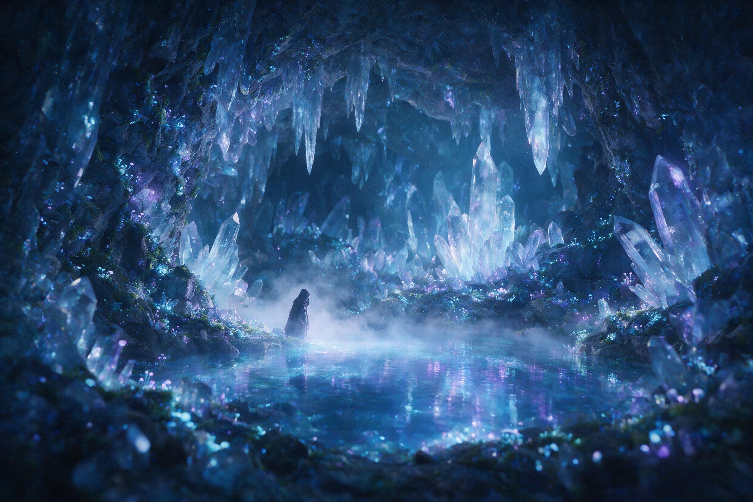 A luminous crystal cave deep underground, bioluminescent moss covers jagged walls, a lone figure in a hooded cloak stands before a glowing pool, soft blue and purple light, mist rises, shallow depth of field, ethereal mood, slight grain