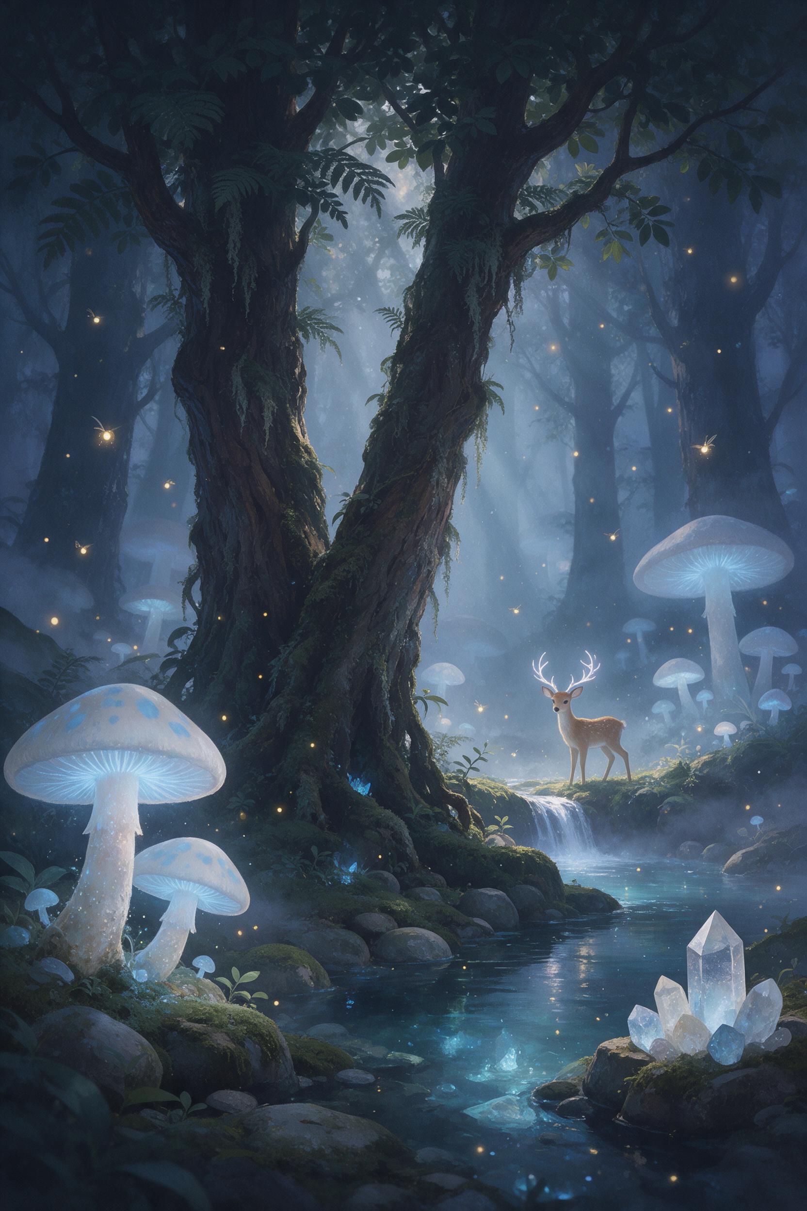 A misty ancient forest at twilight, giant luminescent mushrooms casting soft blue glow on mossy stones, a tiny deer with silver antlers stands by a glowing crystal pool, fireflies drifting, thick fog, volumetric light rays, painterly fantasy style