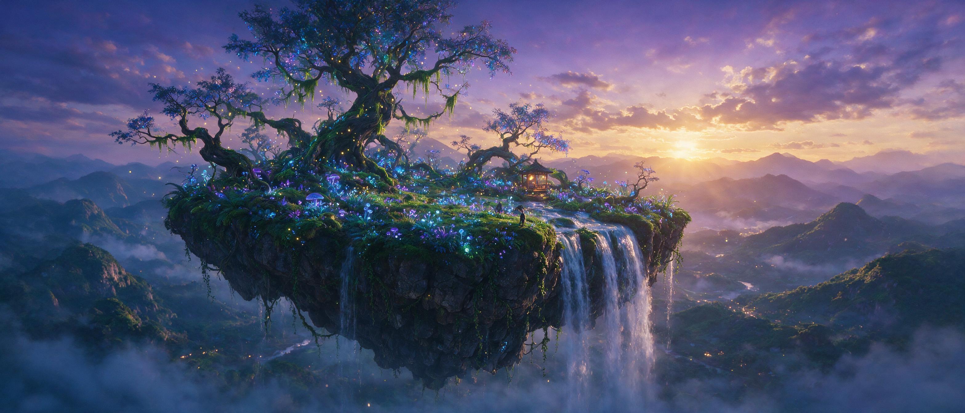 A luminous floating island at dusk, covered in bioluminescent flora and ancient twisted trees, glowing blue and violet, soft mist swirling below, solitary figure standing on a mossy cliff edge, warm golden light from a setting sun filtering through clouds, ethereal atmosphere, dreamy composition.