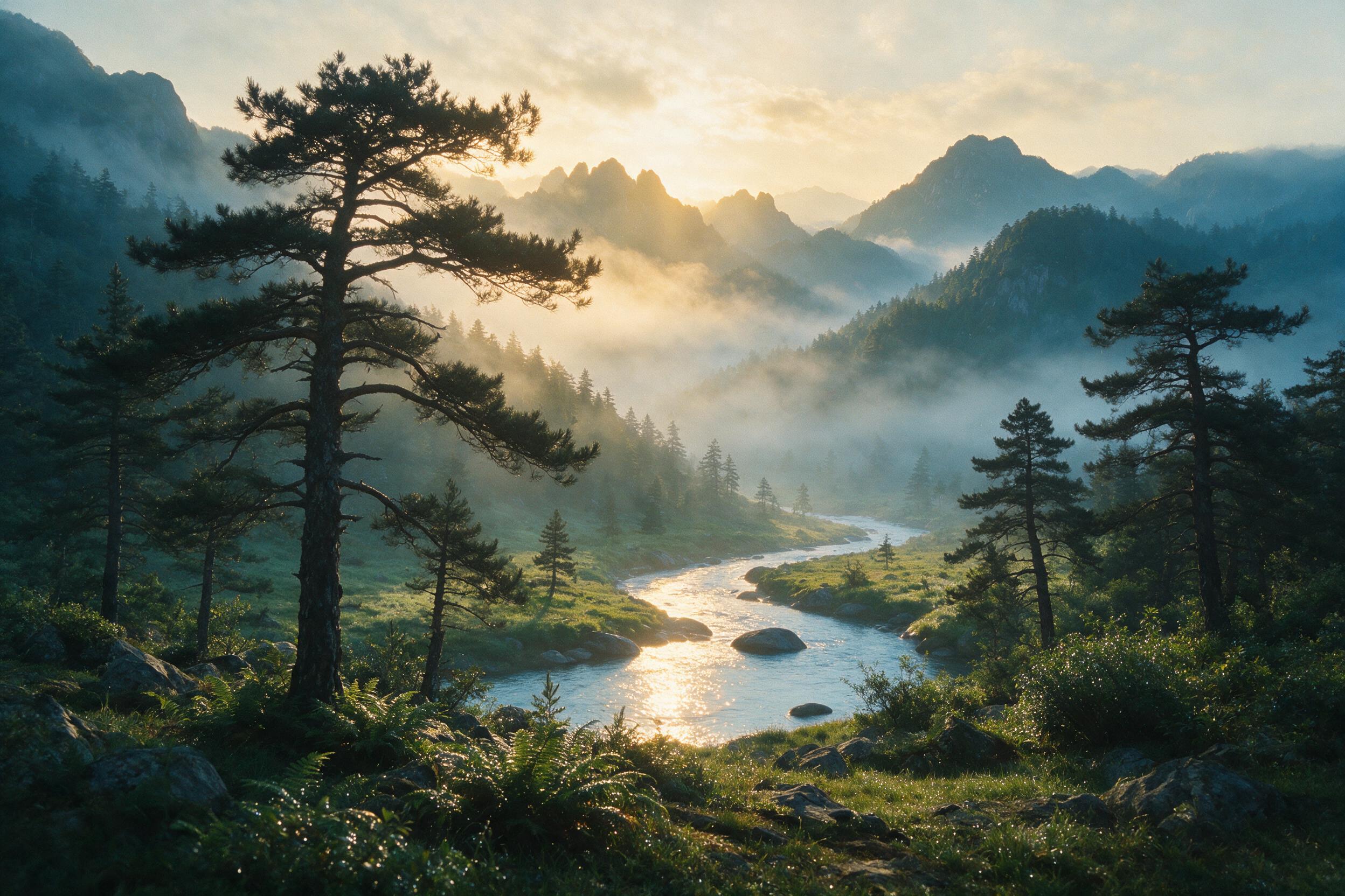 A misty mountain valley at sunrise, soft golden light piercing through fog, pine trees silhouetted in the foreground, layers of distant peaks fading into blue haze, gentle river winding through the valley floor, natural morning light, subtle dew on leaves, tranquil atmosphere, slight grain for textu