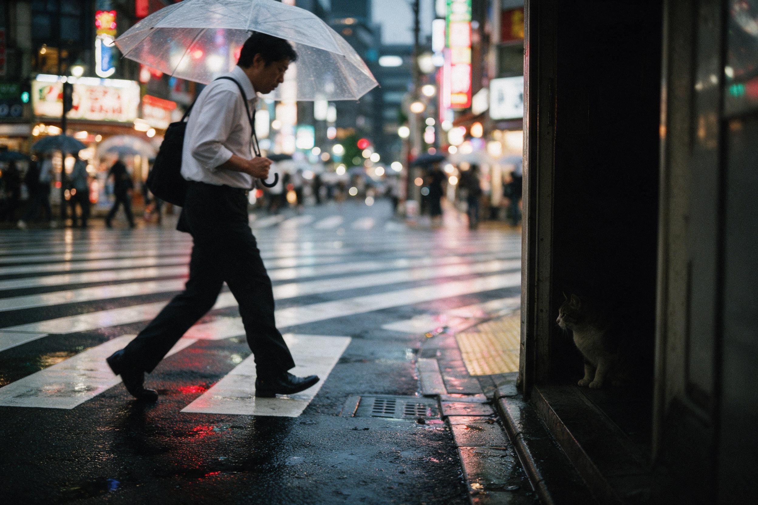A rainy evening in Tokyo, neon signs reflecting on wet asphalt, a lone salaryman with a transparent umbrella crossing a busy crosswalk, blurred bokeh lights, slight camera shake, natural moody lighting, shot on 35mm film, hidden in shadows a cat watches from a doorway