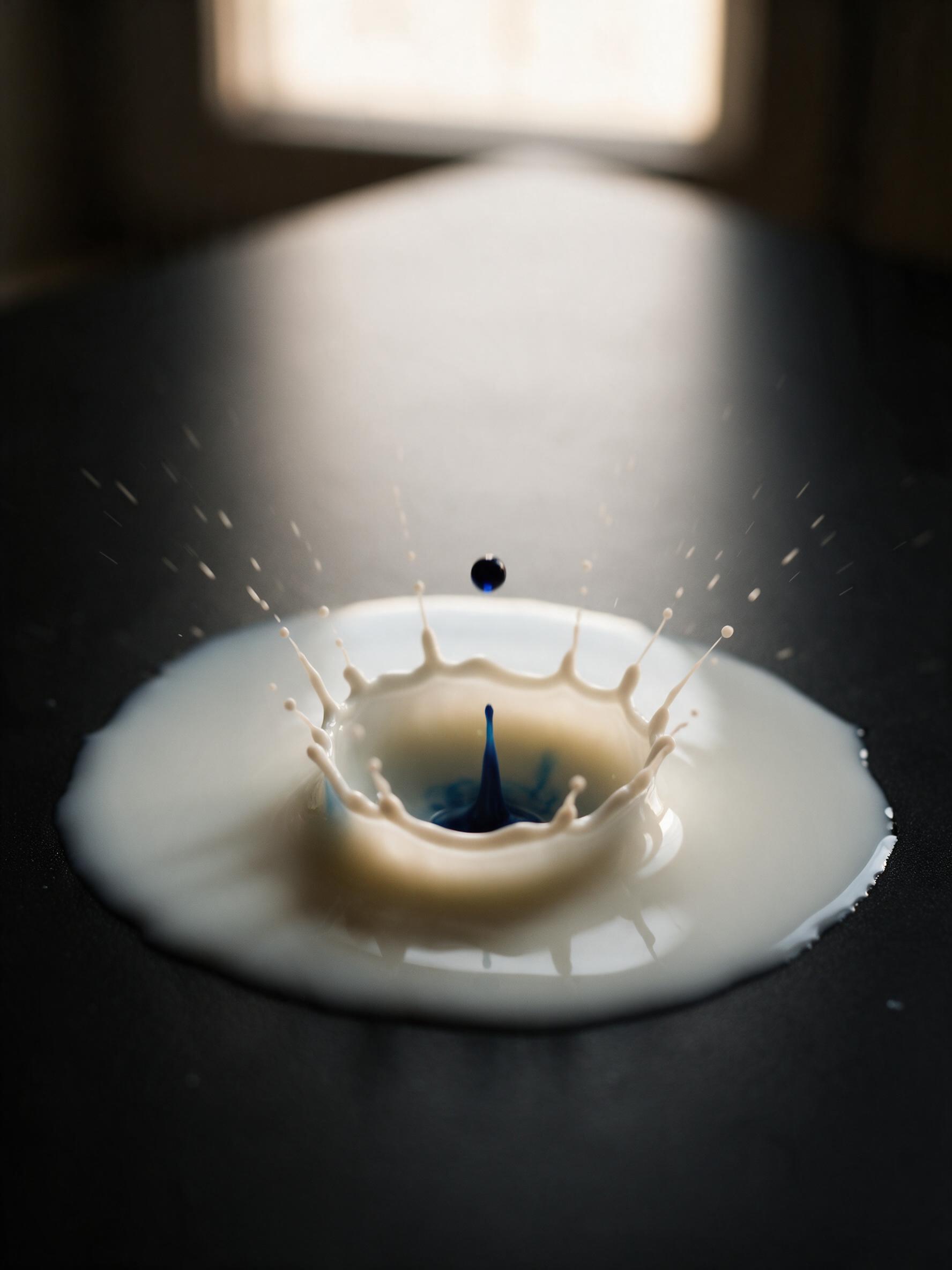 A single droplet of dark blue ink falls into a shallow pool of milk, creating a crown-like splash with fine filaments rising, backlit by a single warm window light, on a matte black table, shot with a macro lens at 1/8000s, slight motion blur at edges, minimal composition with negative space above