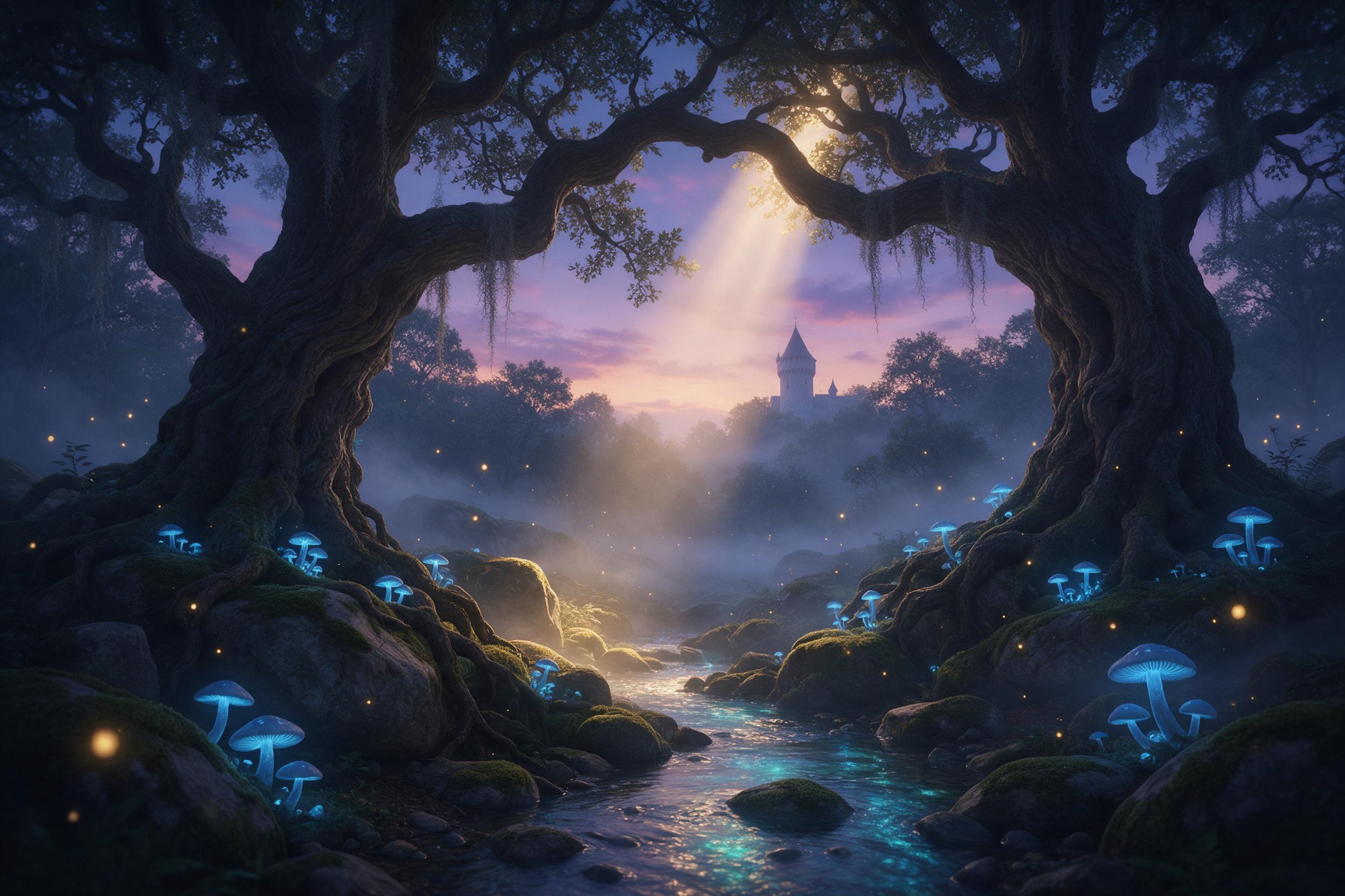 A misty enchanted forest at twilight, where ancient oaks twist into archways over a glowing stream. Luminescent blue mushrooms and fireflies cast soft light on moss-covered stones. A faint silver castle tower rises above the canopy, silhouetted against a lavender sky. Shafts of warm golden light pie