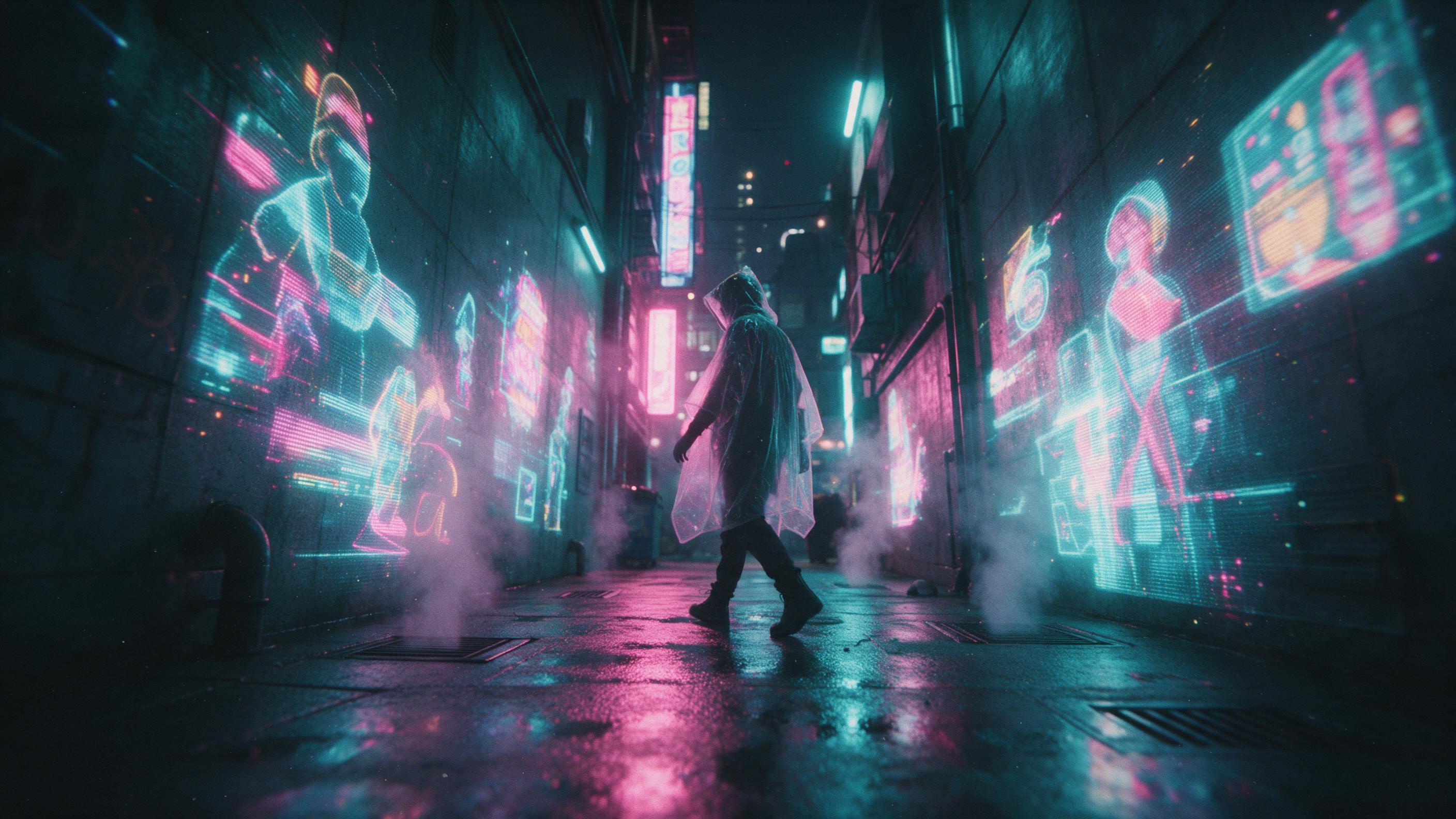 A lone figure in a translucent raincoat walks through a neon-lit cyberpunk alley at night, holographic advertisements flickering on wet concrete walls, steam rising from vents, cinematic composition with low angle, wet surfaces reflecting pink and cyan lights, film grain